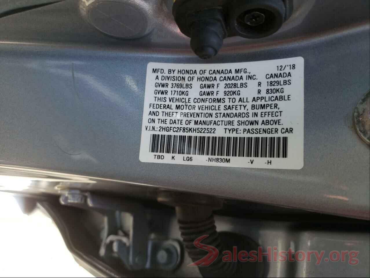 2HGFC2F85KH522522 2019 HONDA CIVIC