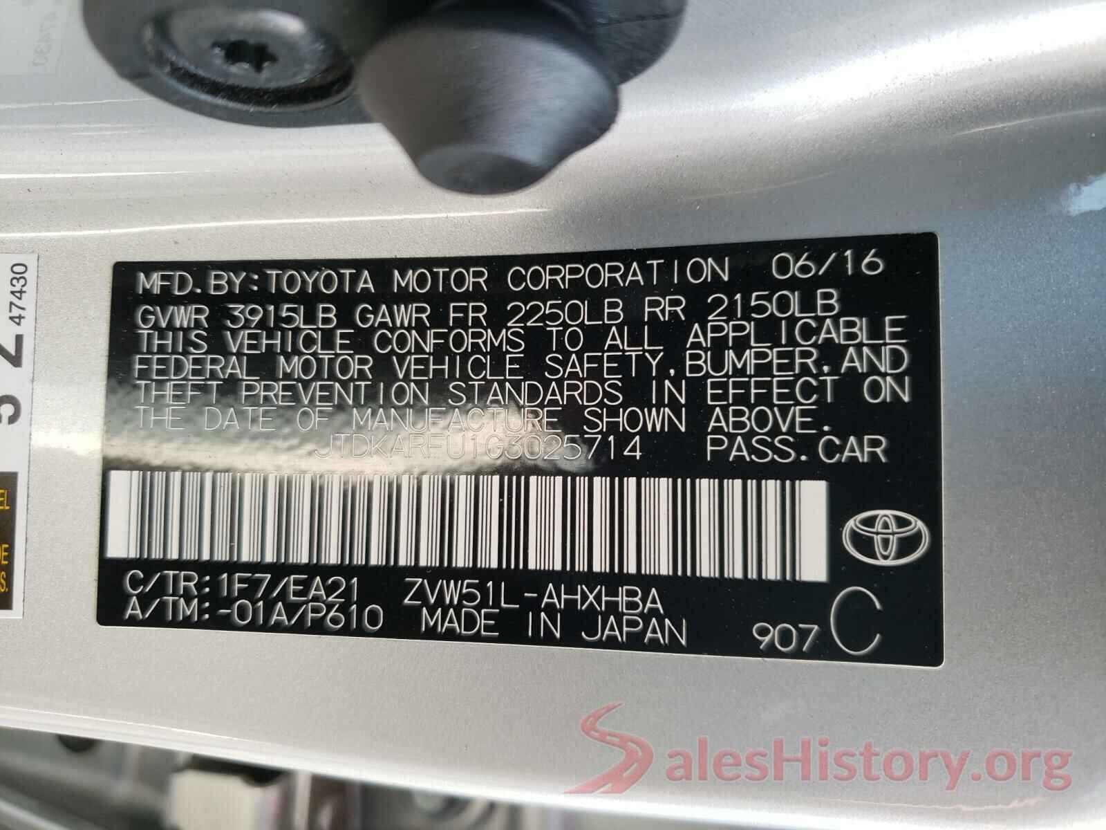 JTDKARFU1G3025714 2016 TOYOTA PRIUS