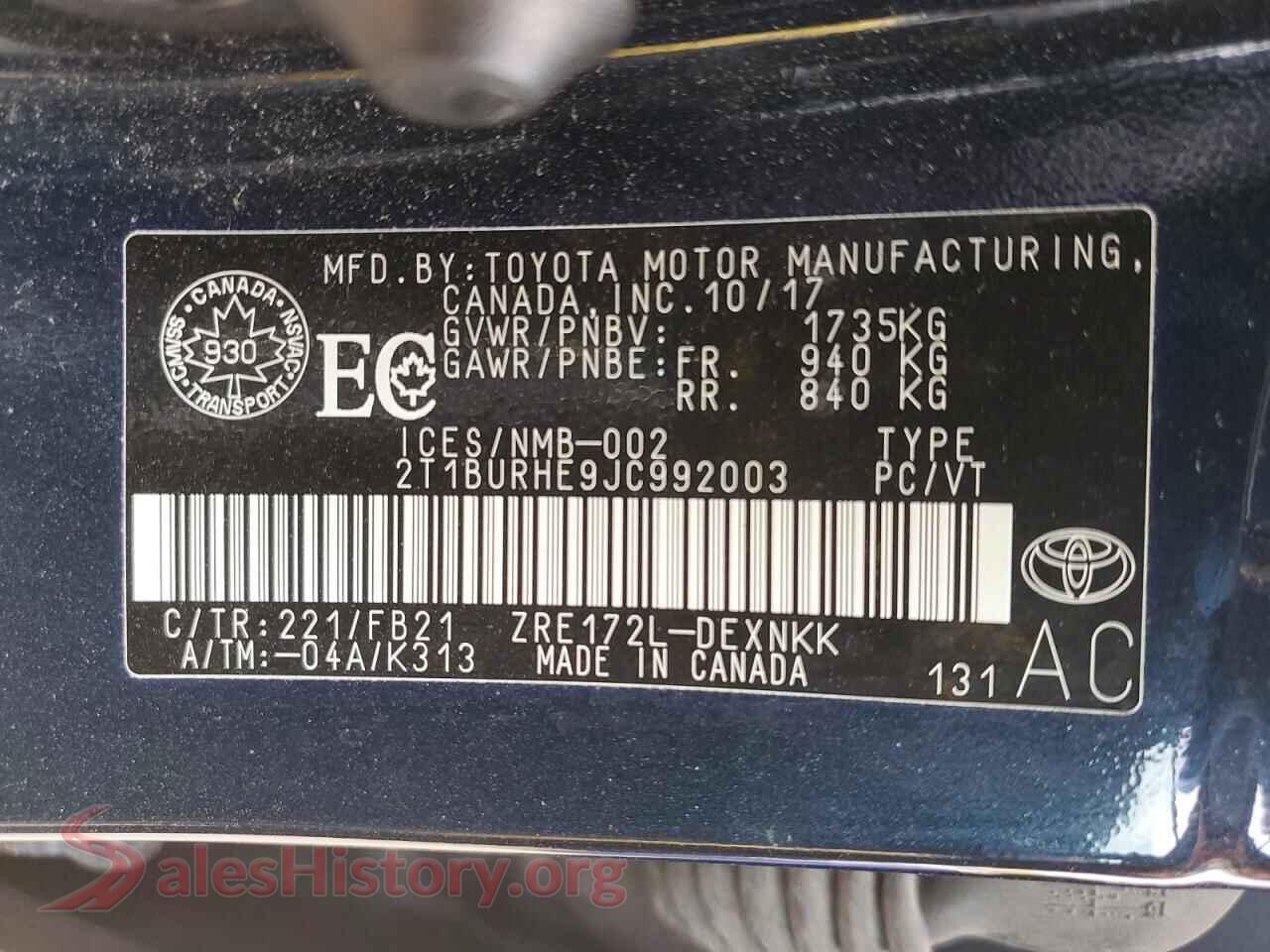 2018 TOYOTA COROLLA VIN 2T1BURHE9JC992003, wheel and tire