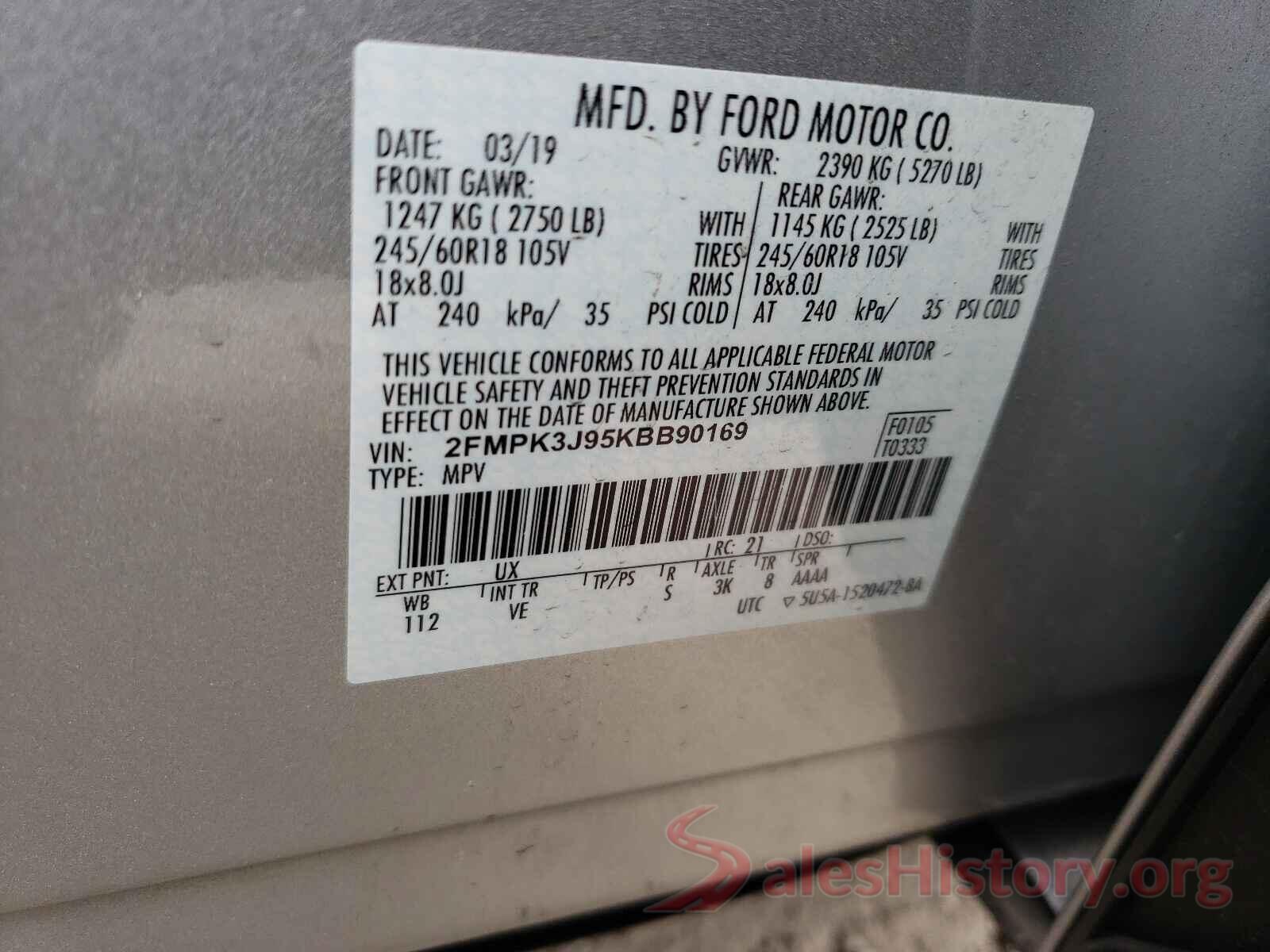 2FMPK3J95KBB90169 2019 FORD EDGE