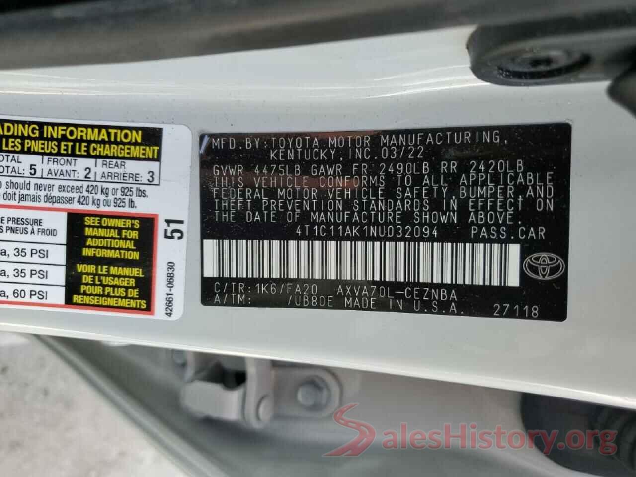 4T1C11AK1NU032094 2022 TOYOTA CAMRY