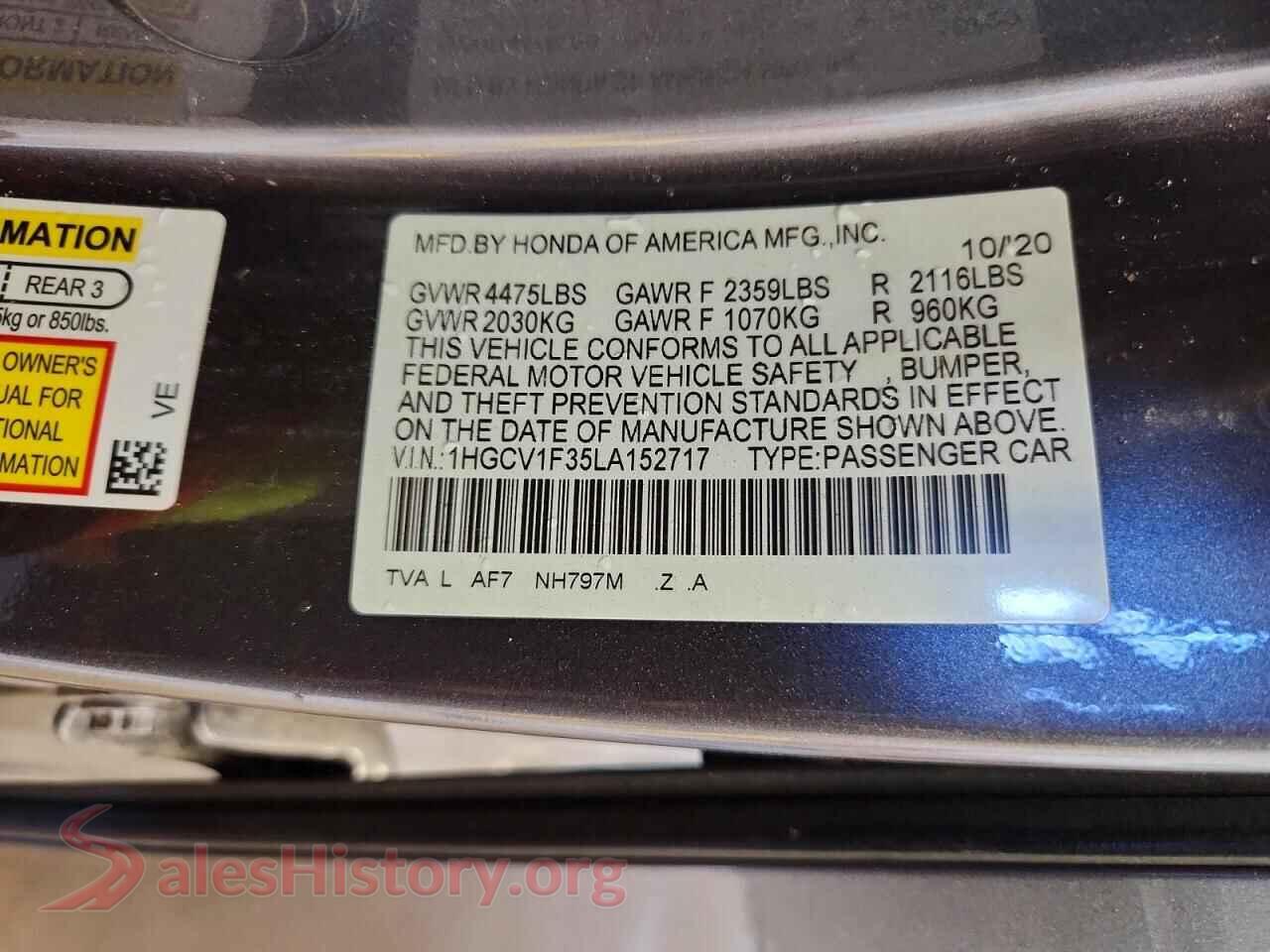 2020 HONDA ACCORD VIN 1HGCV1F35LA152717, trunk area