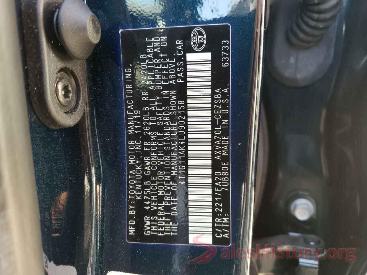 4T1G11AK4LU902158 2020 TOYOTA CAMRY