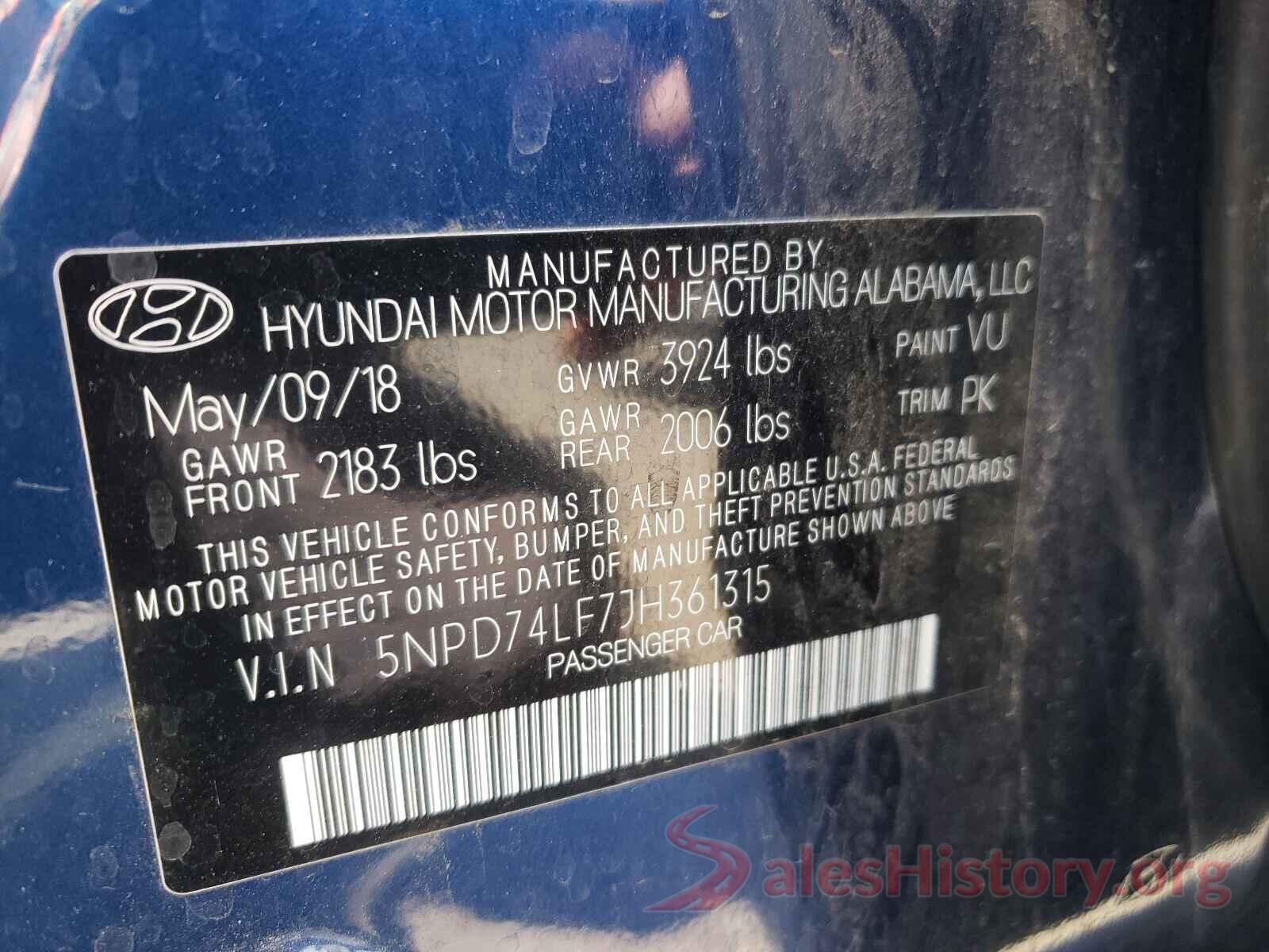 5NPD74LF7JH361315 2018 HYUNDAI ELANTRA