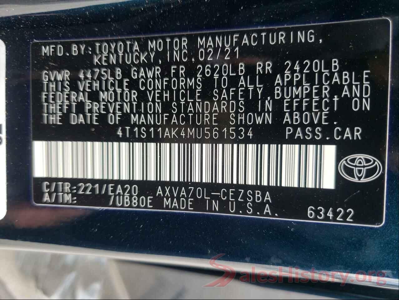 4T1S11AK4MU561534 2021 TOYOTA CAMRY