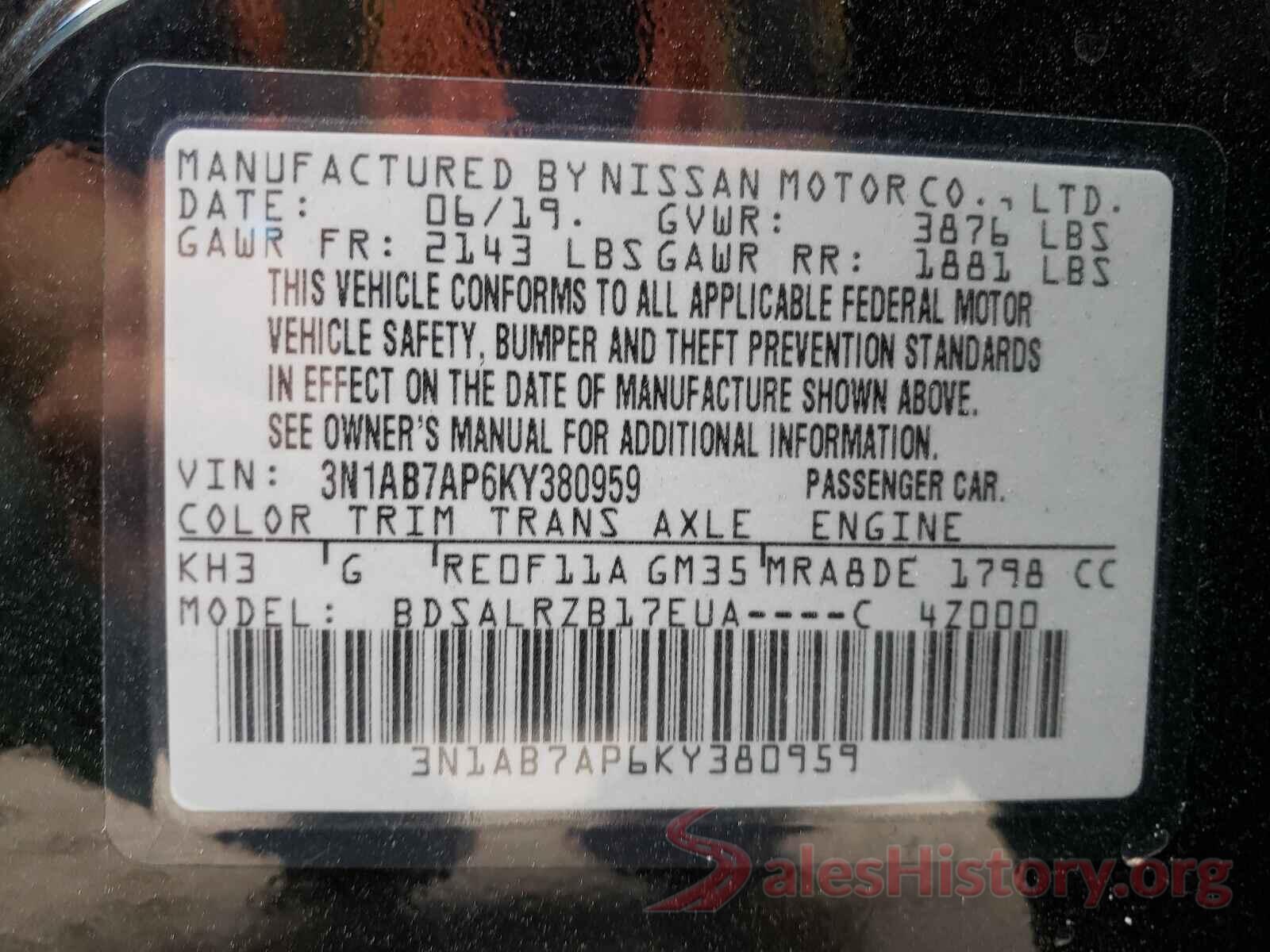 3N1AB7AP6KY380959 2019 NISSAN SENTRA