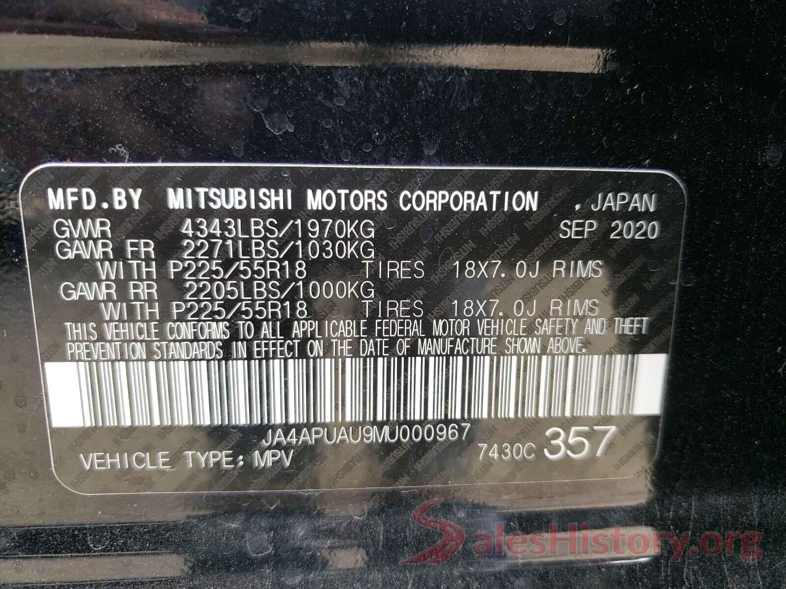 JA4APUAU9MU000967 2021 MITSUBISHI OUTLANDER