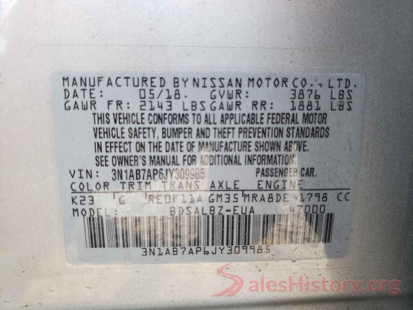 3N1AB7AP6JY309985 2018 NISSAN SENTRA