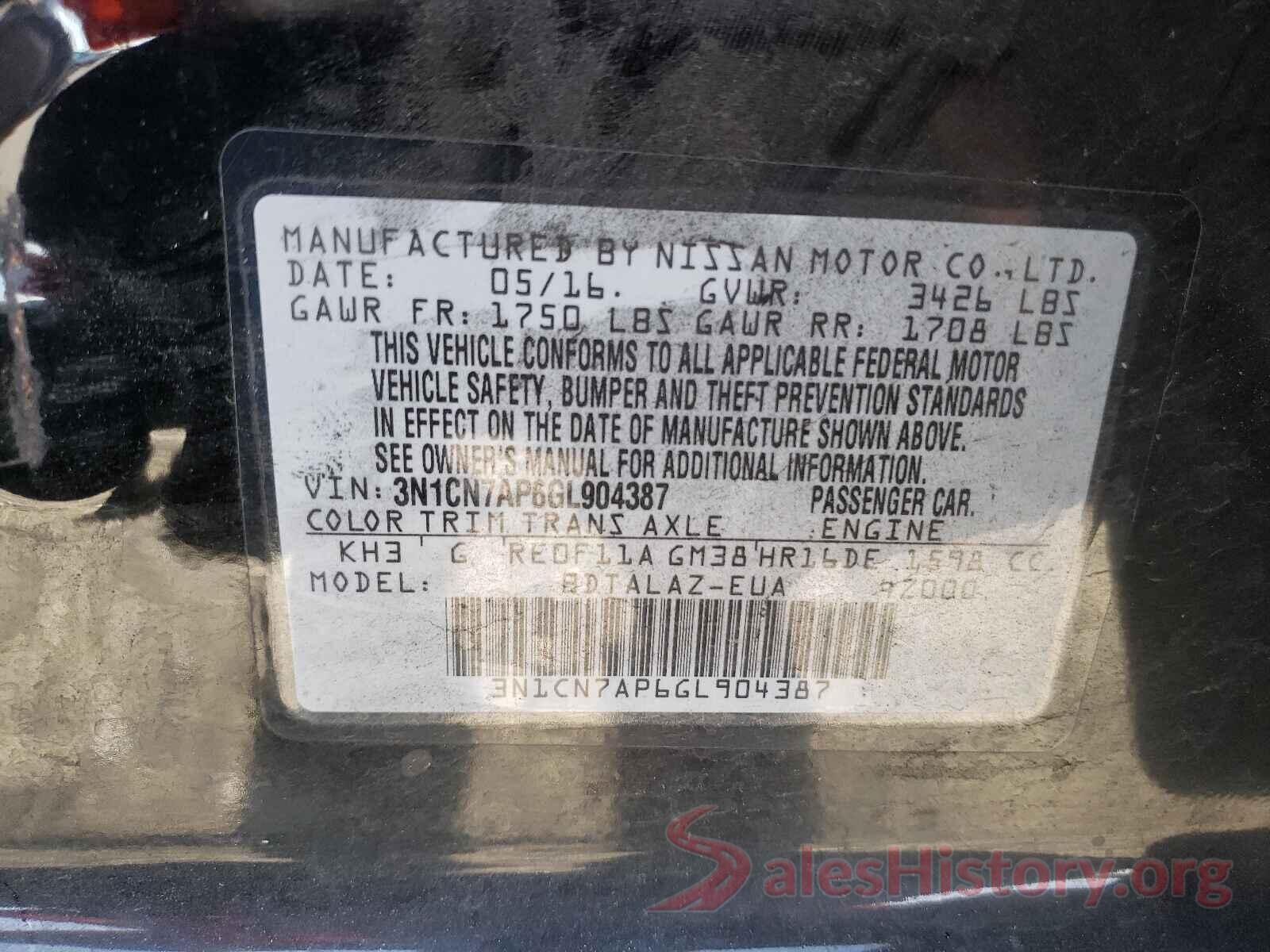 3N1CN7AP6GL904387 2016 NISSAN VERSA