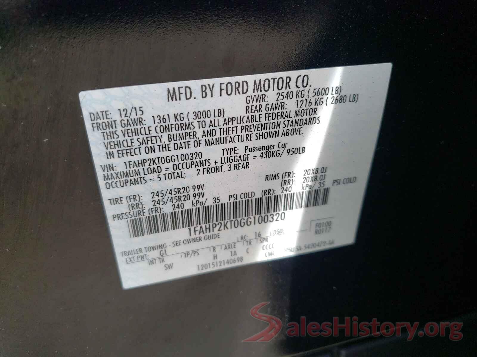 1FAHP2KT0GG100320 2016 FORD TAURUS