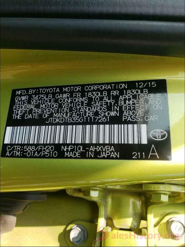 JTDKDTB35G1117261 2016 TOYOTA PRIUS