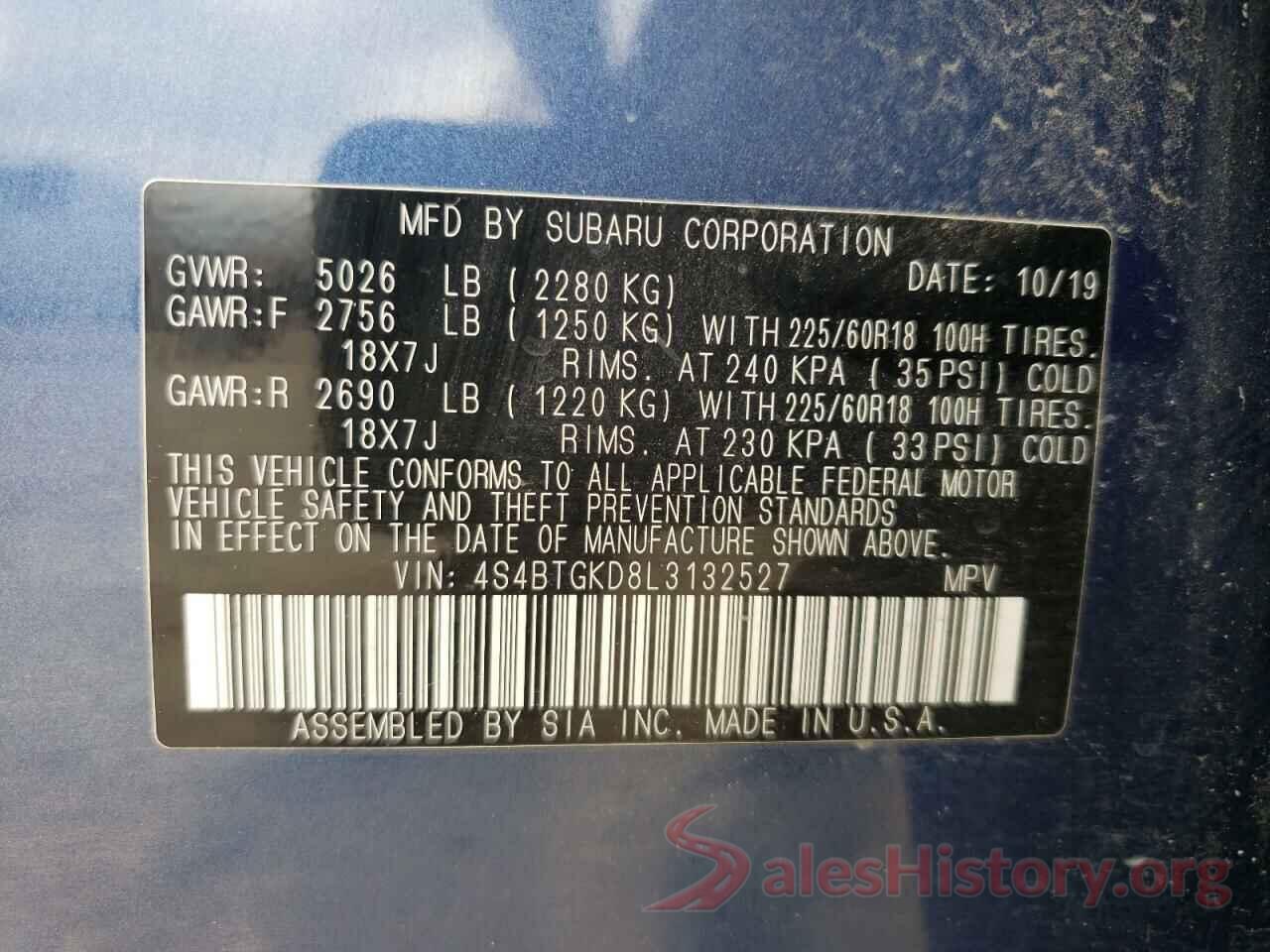 4S4BTGKD8L3132527 2020 SUBARU OUTBACK