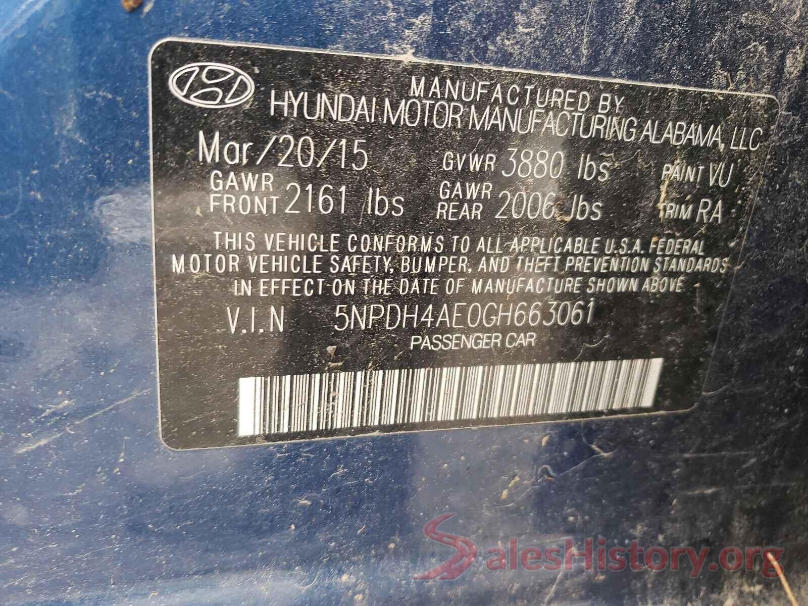 5NPDH4AE0GH663061 2016 HYUNDAI ELANTRA