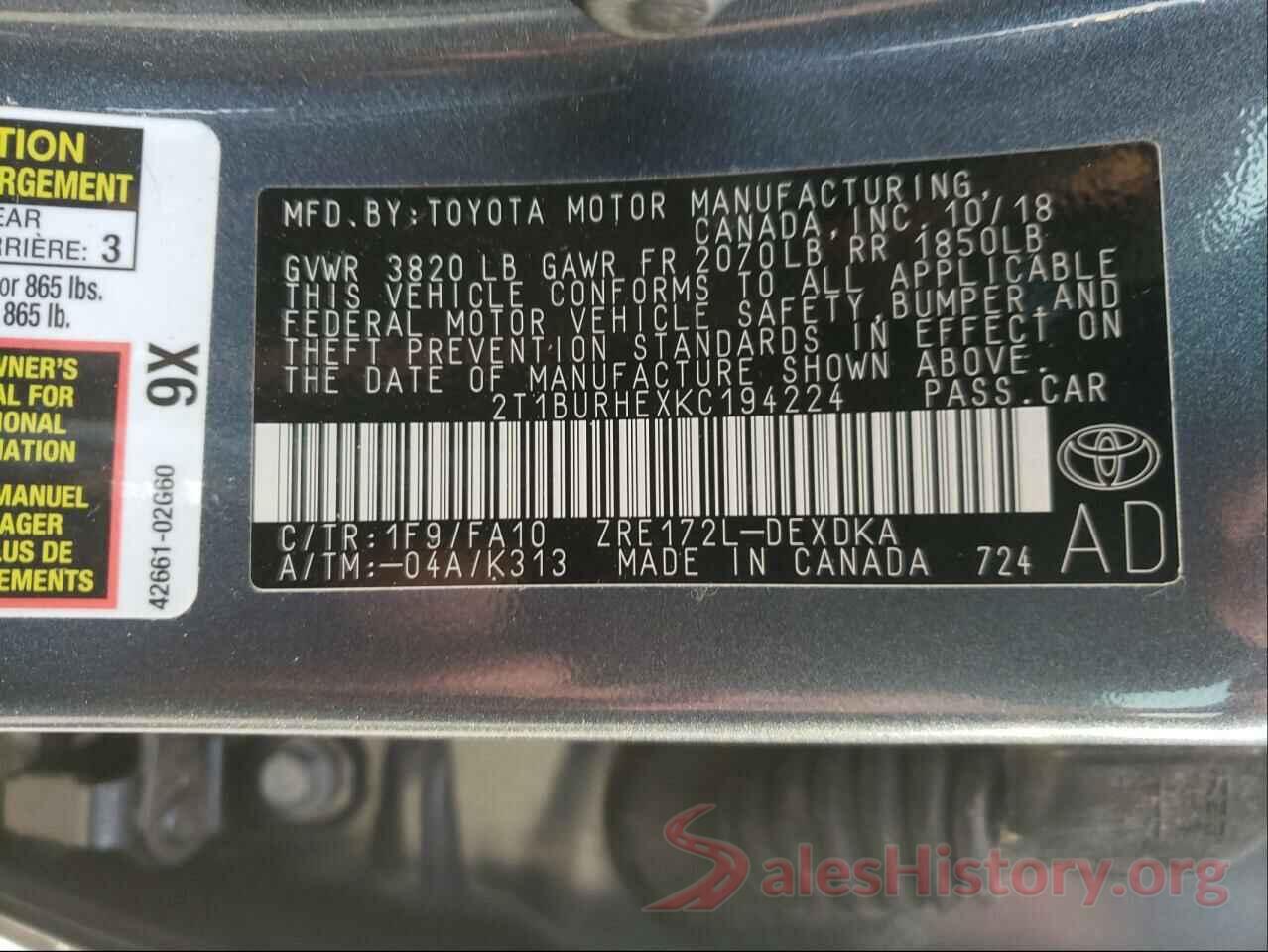 2T1BURHEXKC194224 2019 TOYOTA COROLLA