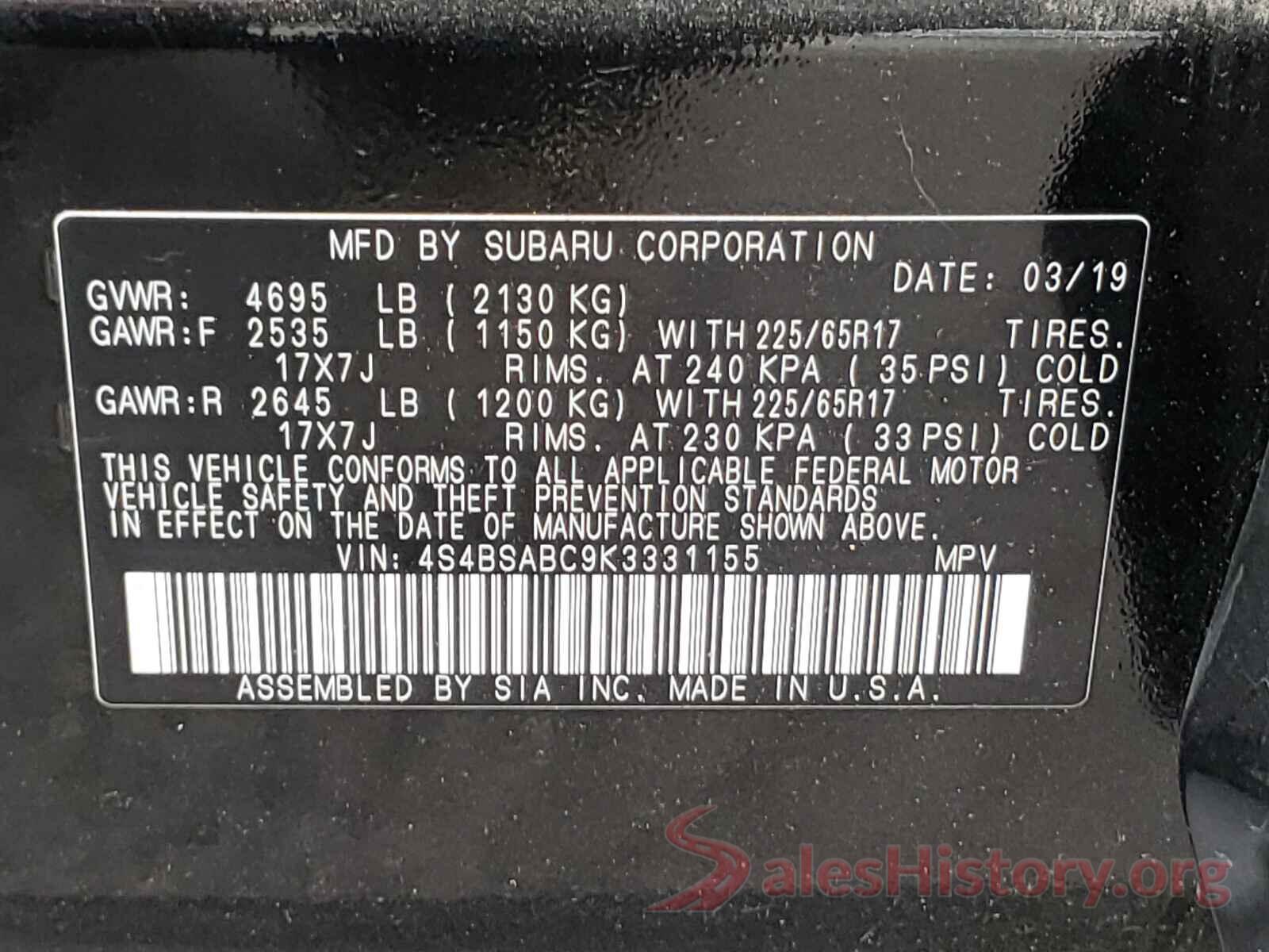 4S4BSABC9K3331155 2019 SUBARU OUTBACK