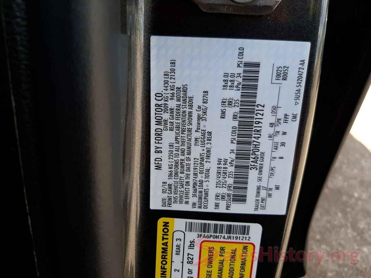 3FA6P0H74JR191212 2018 FORD FUSION