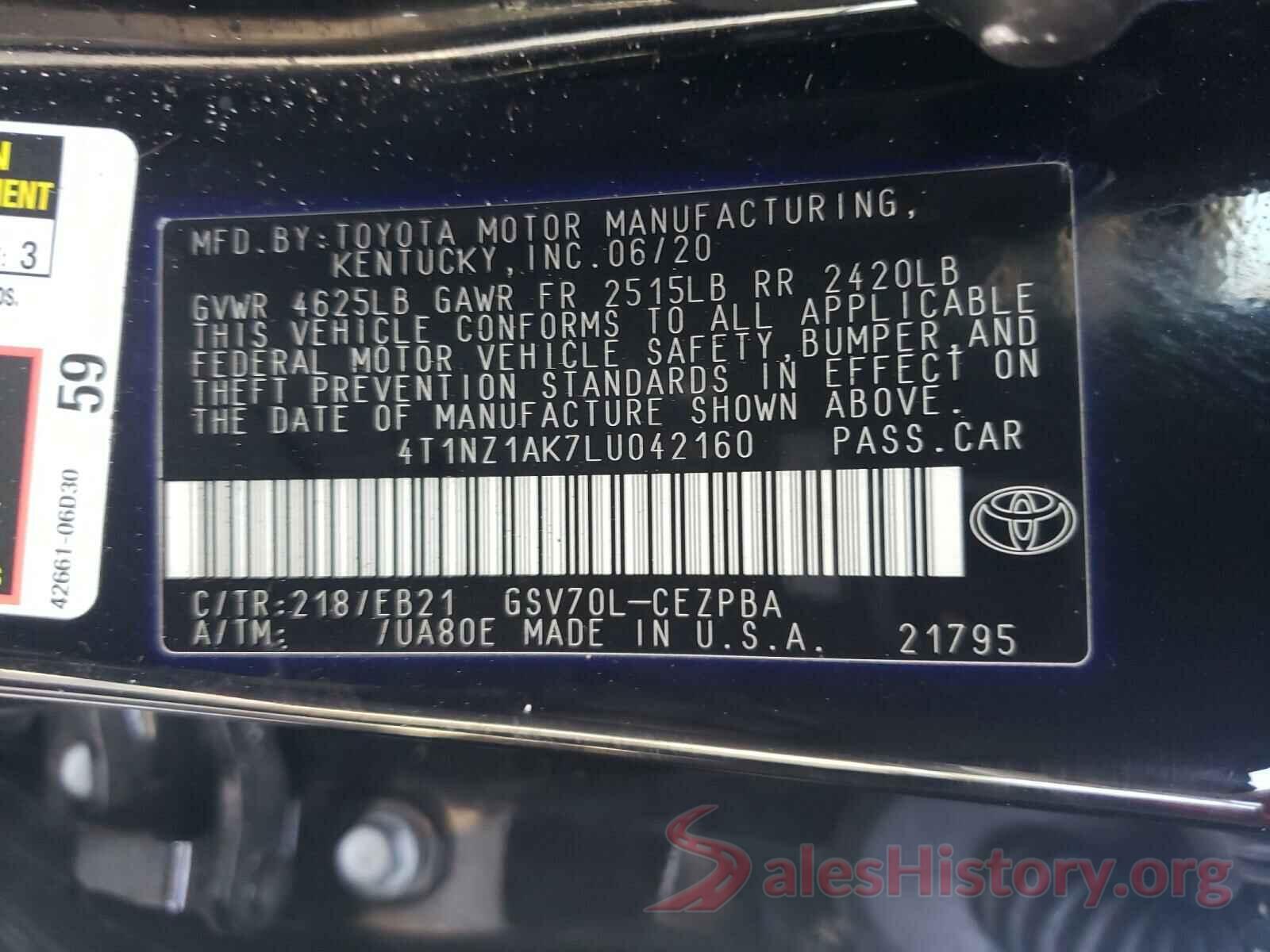 4T1NZ1AK7LU042160 2020 TOYOTA CAMRY