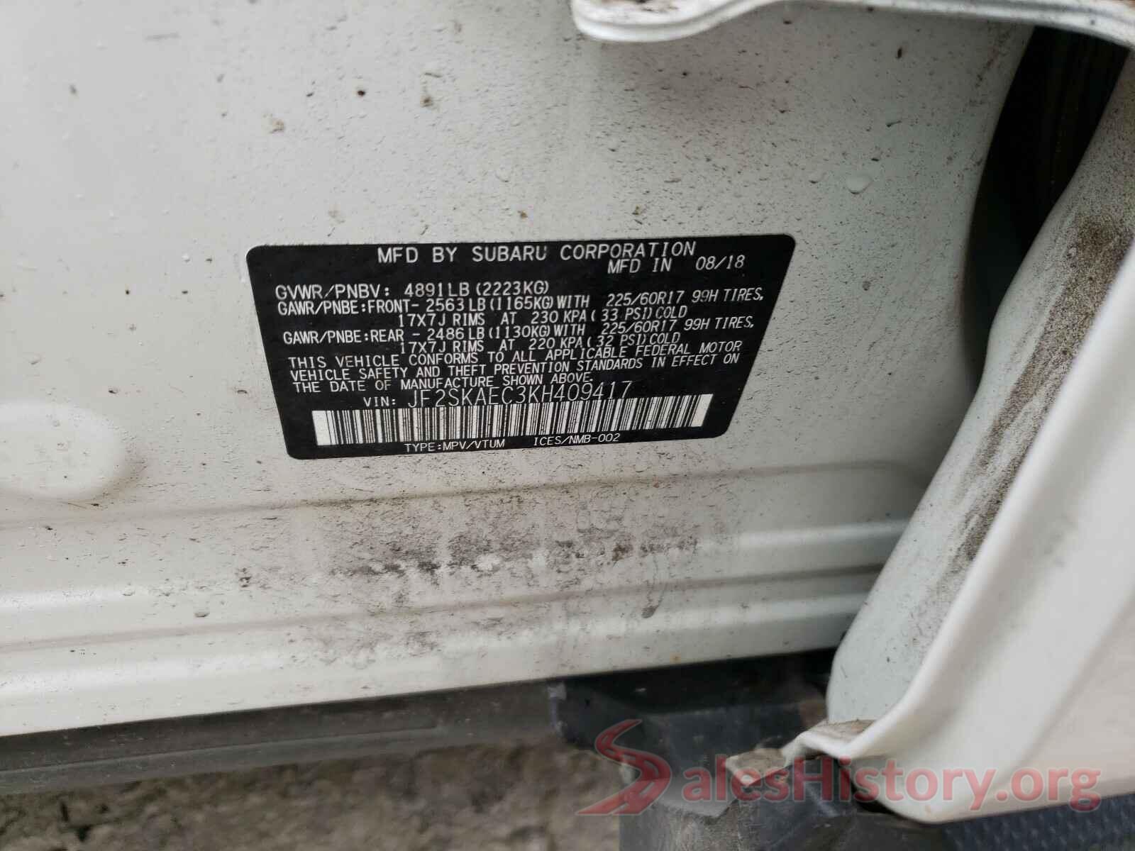 JF2SKAEC3KH409417 2019 SUBARU FORESTER