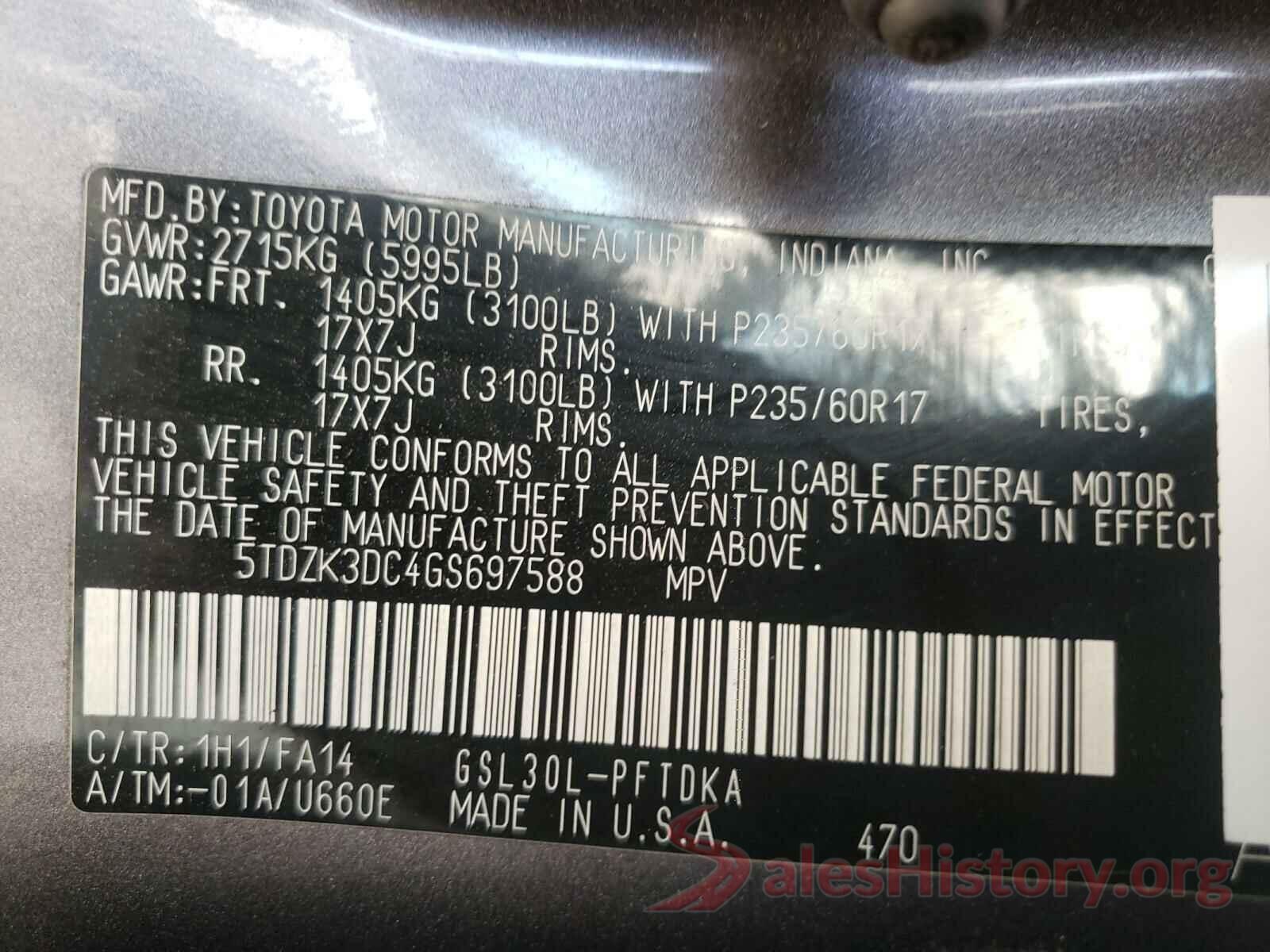 5TDZK3DC4GS697588 2016 TOYOTA SIENNA