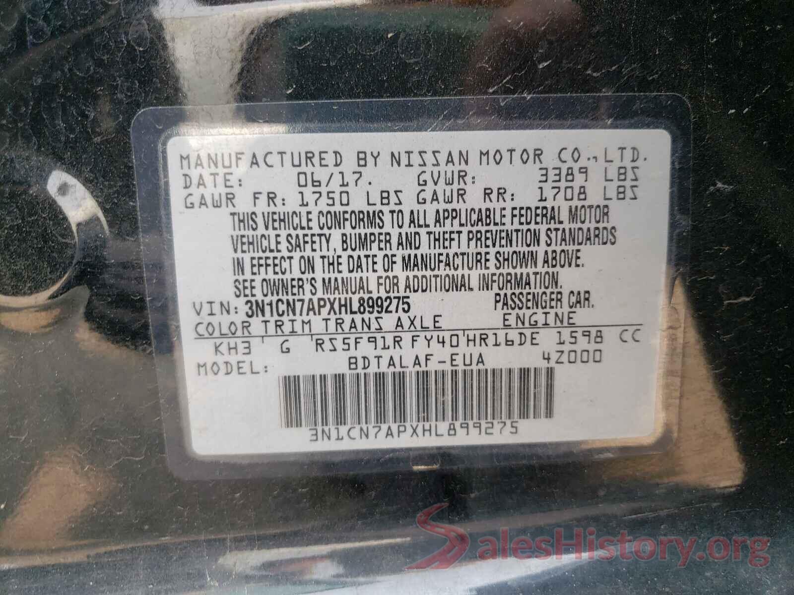 3N1CN7APXHL899275 2017 NISSAN VERSA