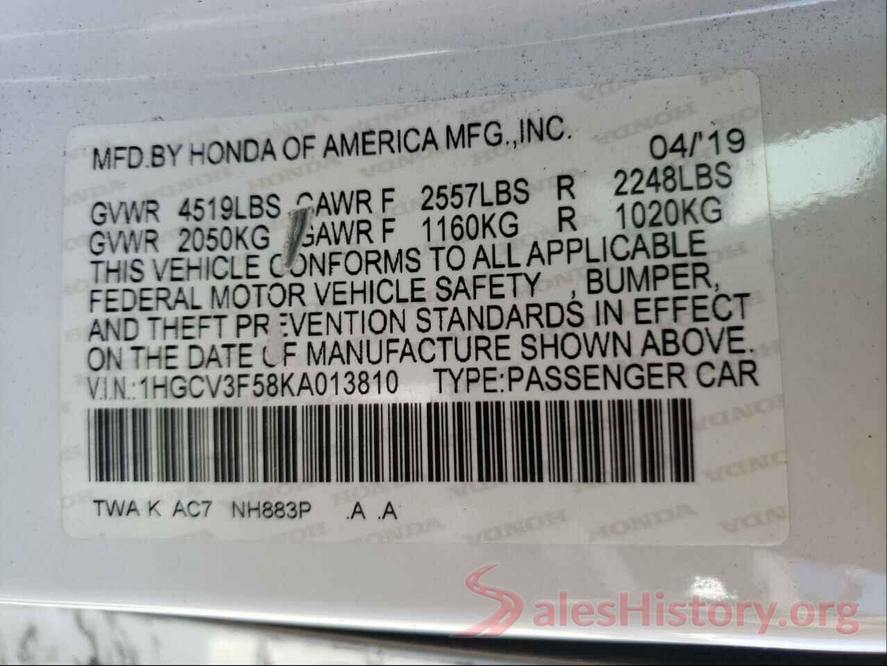 1HGCV3F58KA013810 2019 HONDA ACCORD