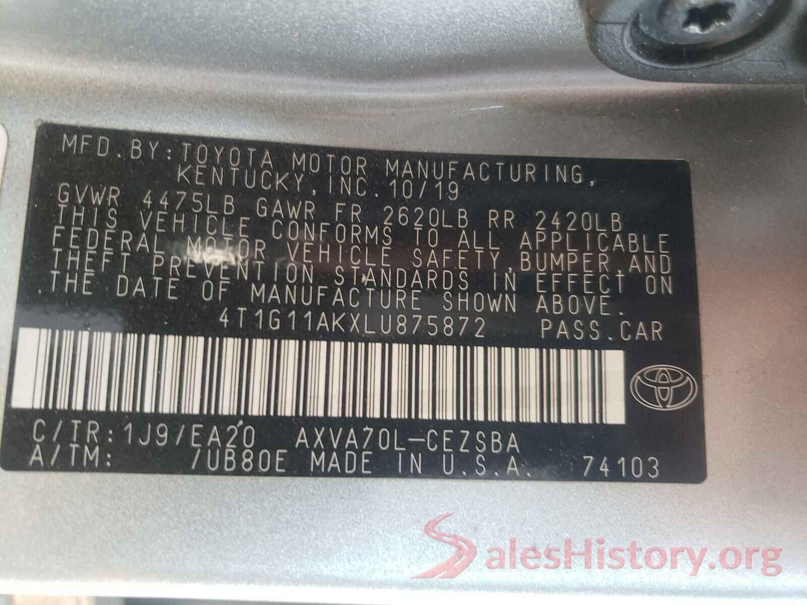 4T1G11AKXLU875872 2020 TOYOTA CAMRY