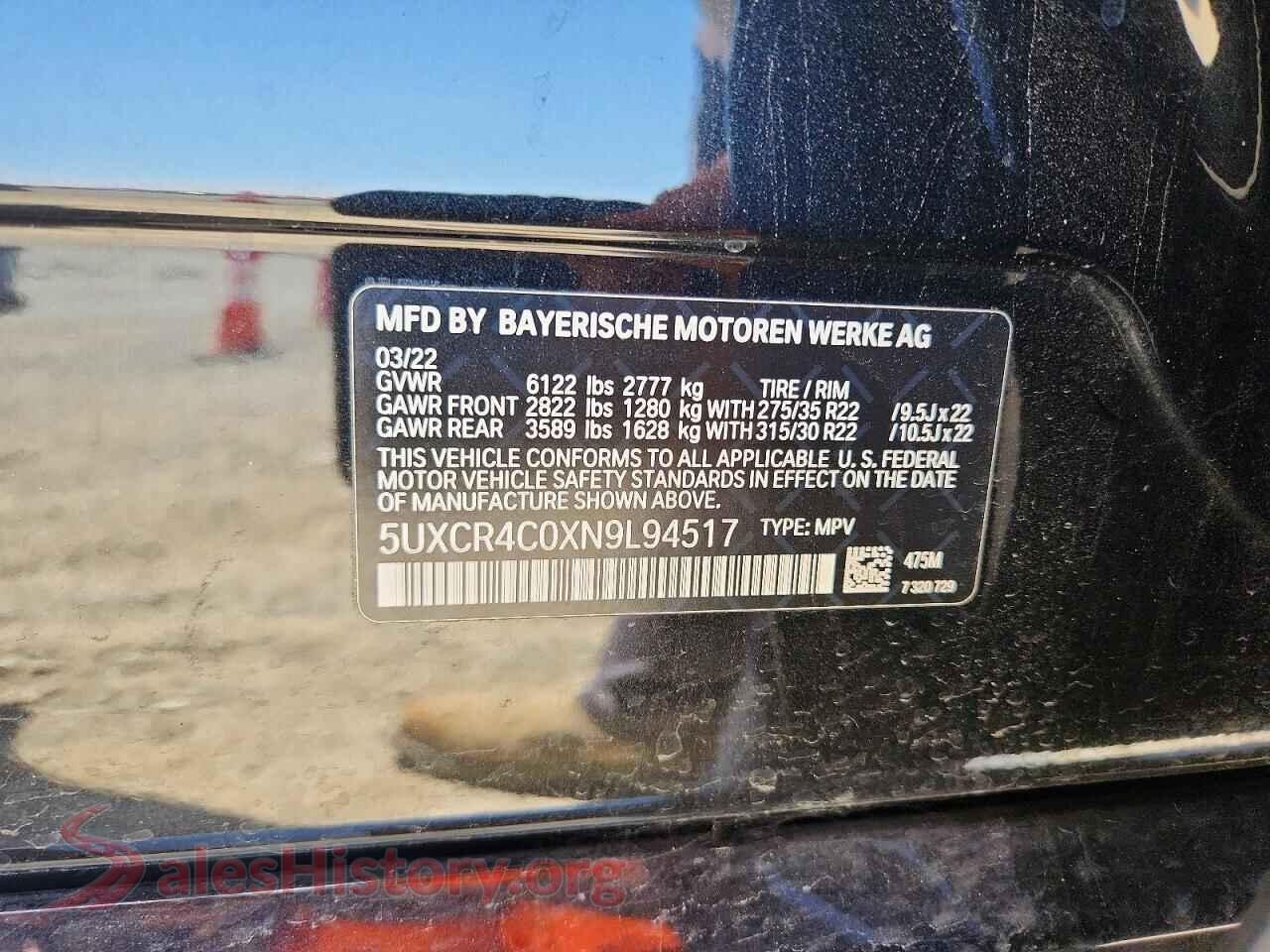 2022 BMW X5 VIN 5UXCR4C0XN9L94517, trunk area