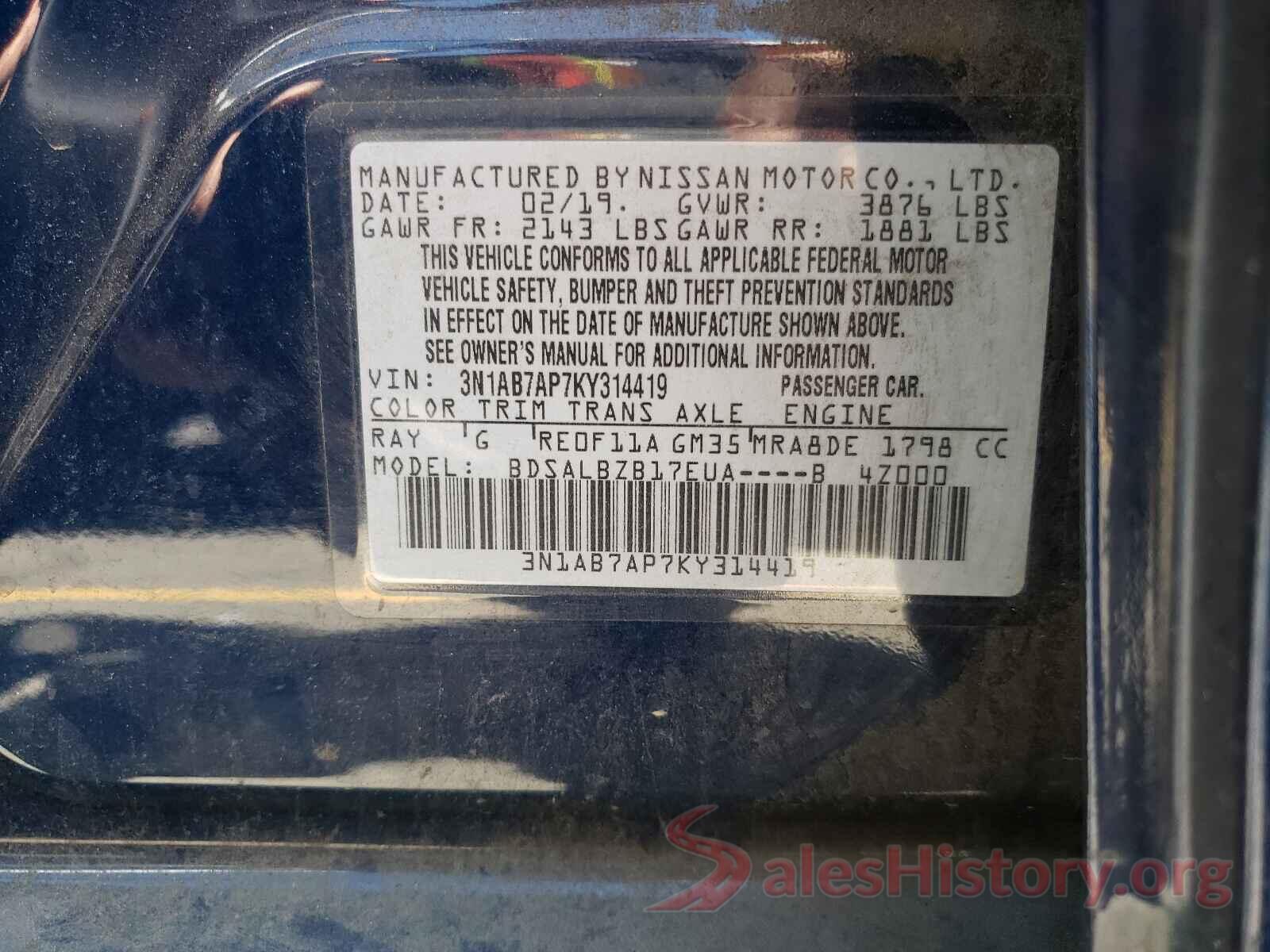 3N1AB7AP7KY314419 2019 NISSAN SENTRA