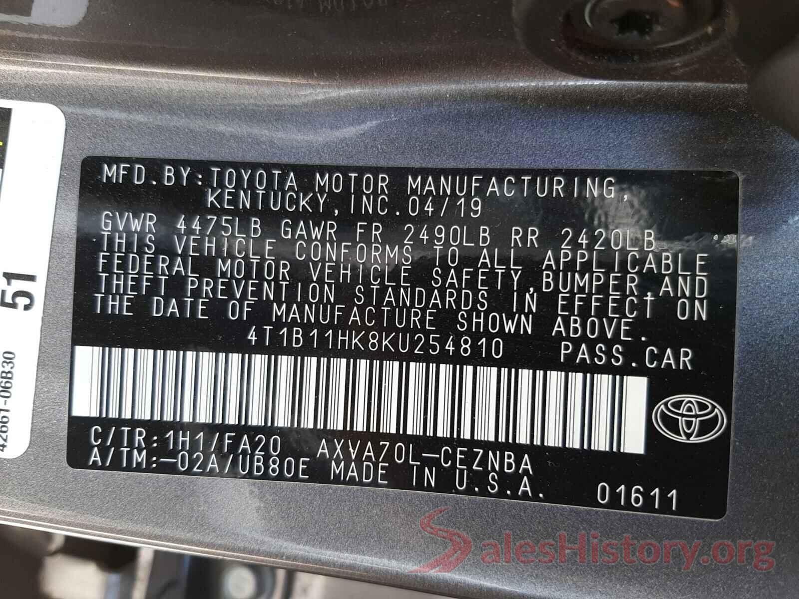 4T1B11HK8KU254810 2019 TOYOTA CAMRY