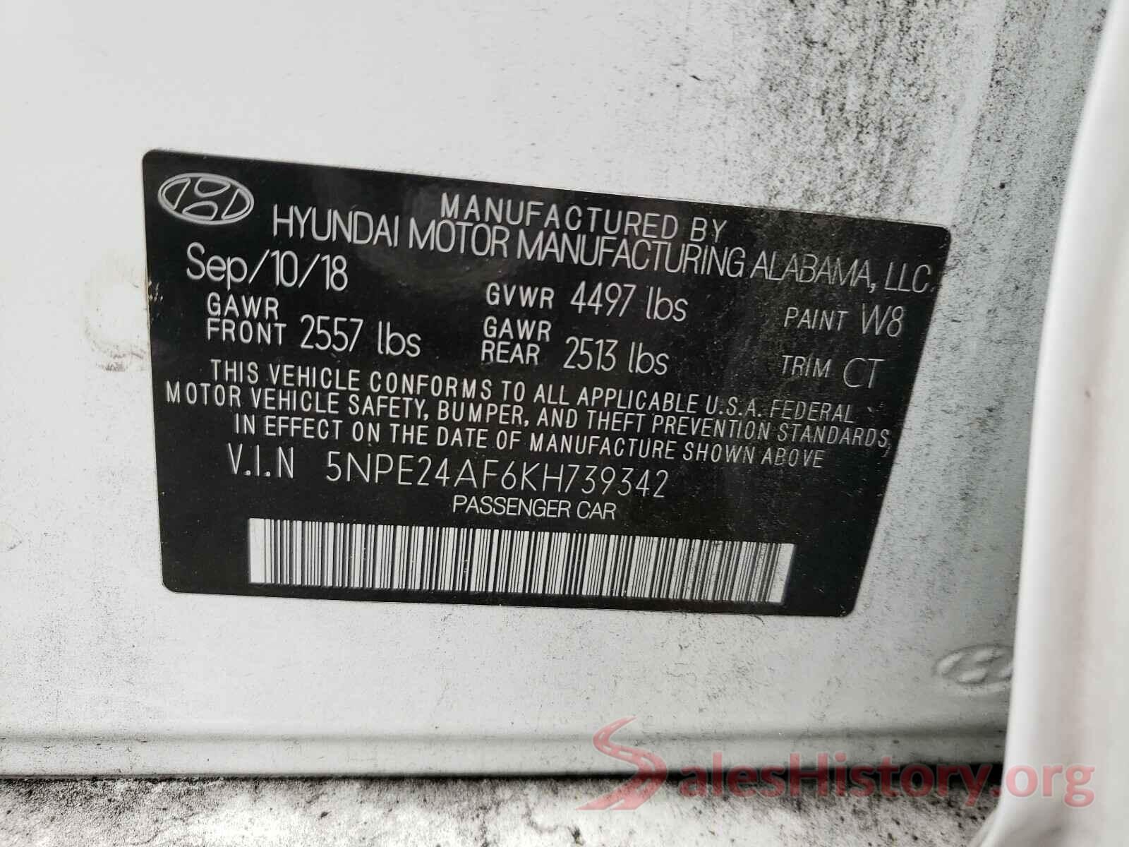 5NPE24AF6KH739342 2019 HYUNDAI SONATA