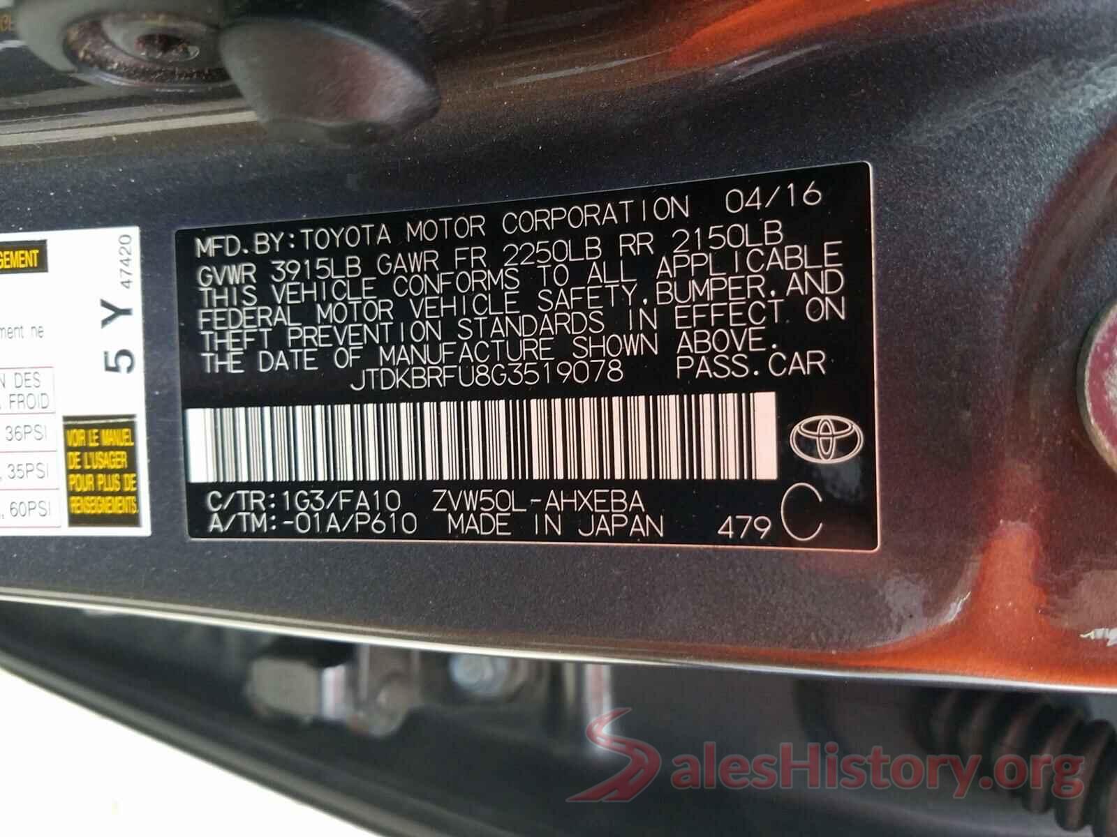 JTDKBRFU8G3519078 2016 TOYOTA PRIUS