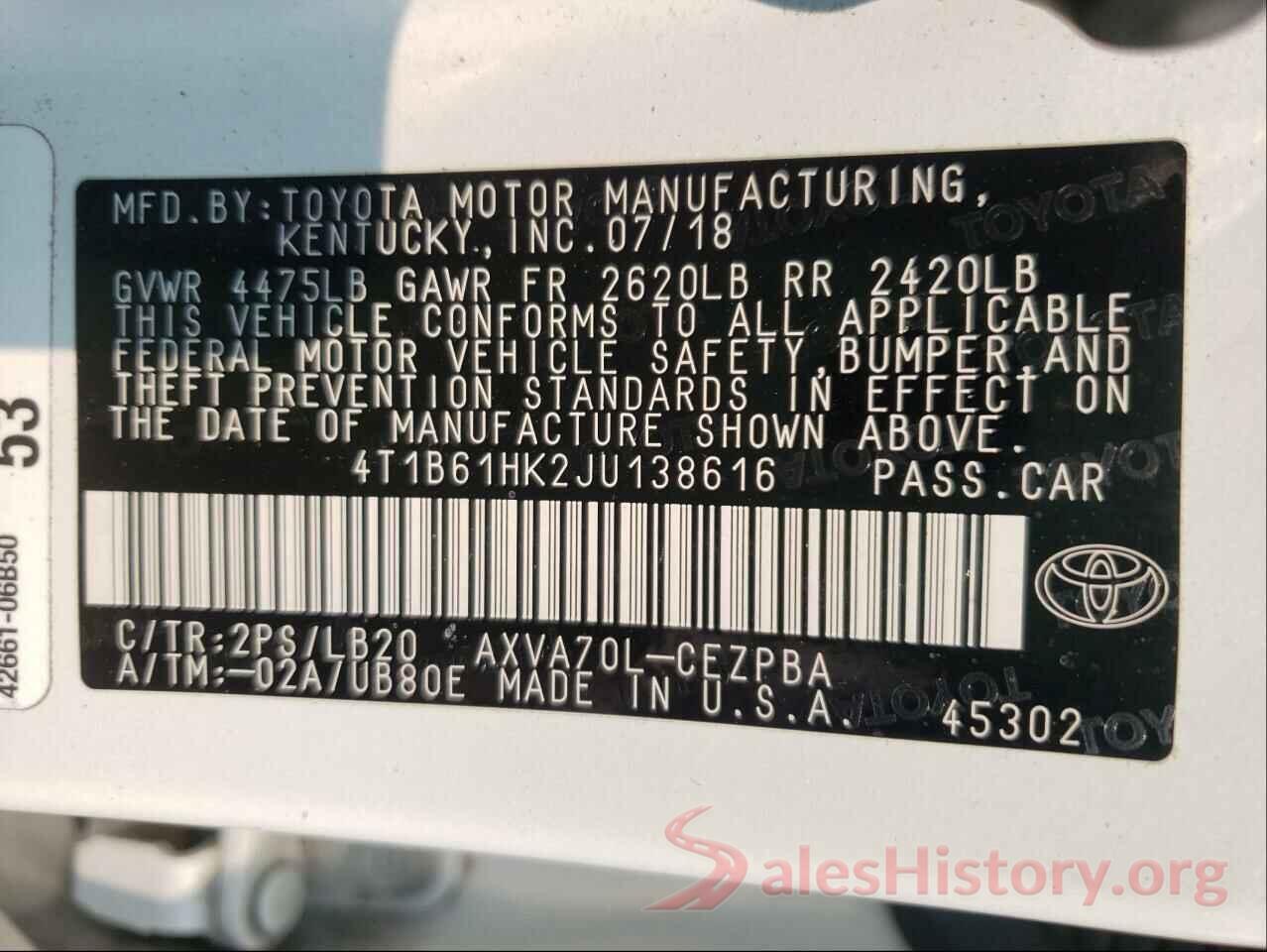 4T1B61HK2JU138616 2018 TOYOTA CAMRY