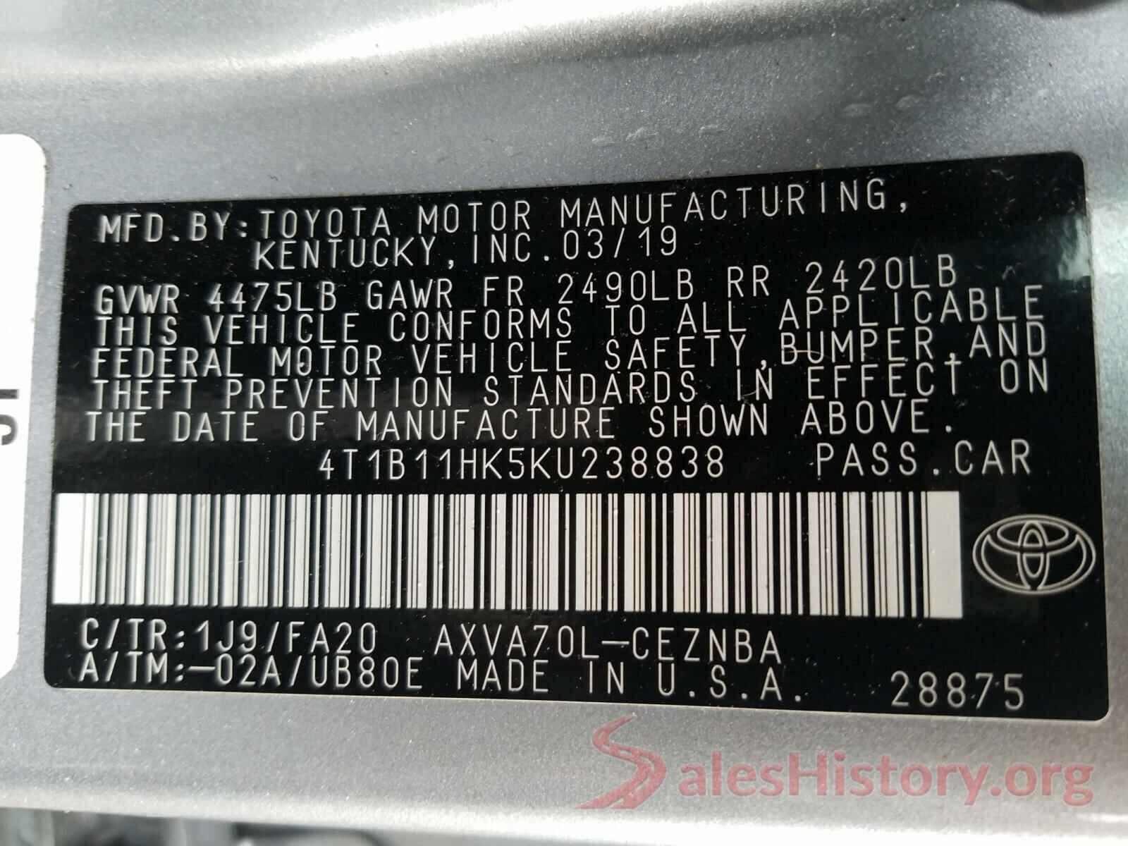 4T1B11HK5KU238838 2019 TOYOTA CAMRY