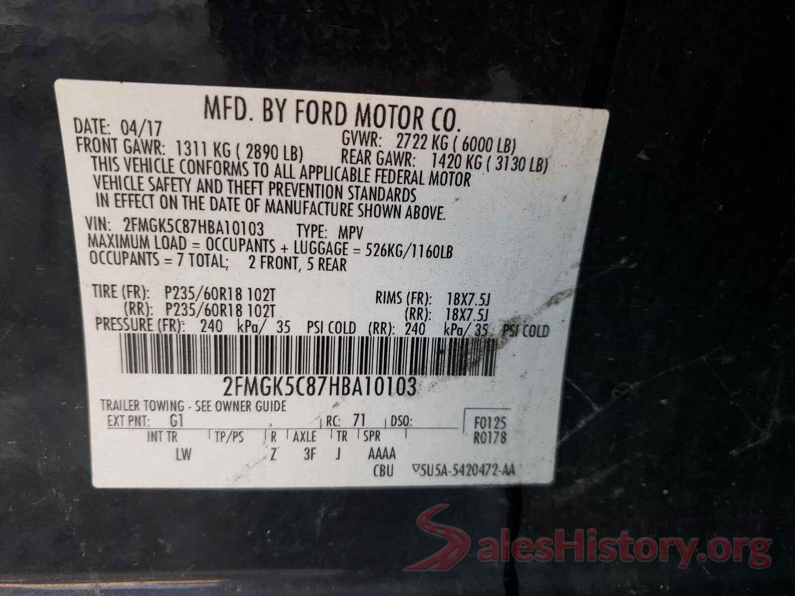 2FMGK5C87HBA10103 2017 FORD FLEX