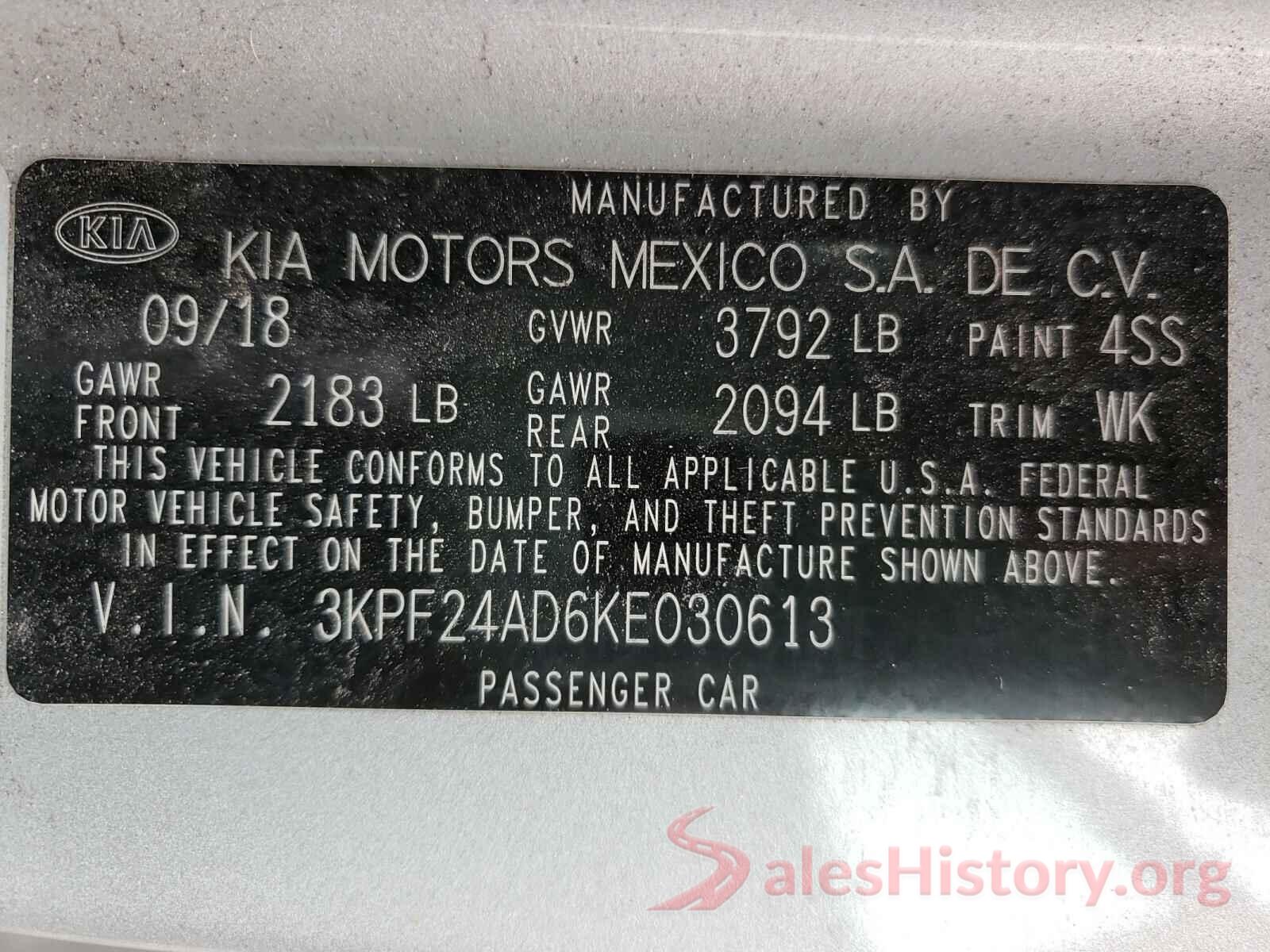 3KPF24AD6KE030613 2019 KIA FORTE