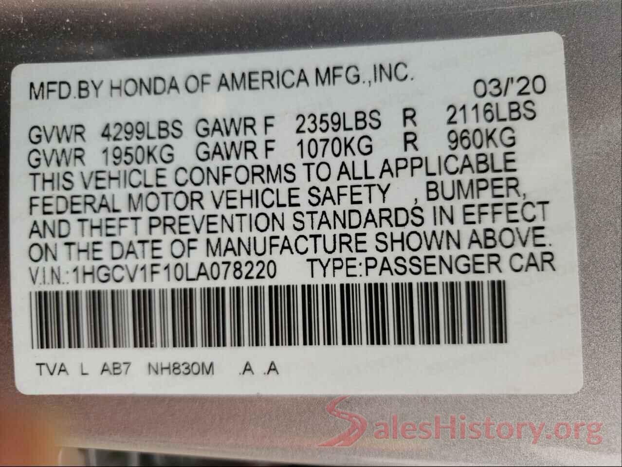 1HGCV1F10LA078220 2020 HONDA ACCORD