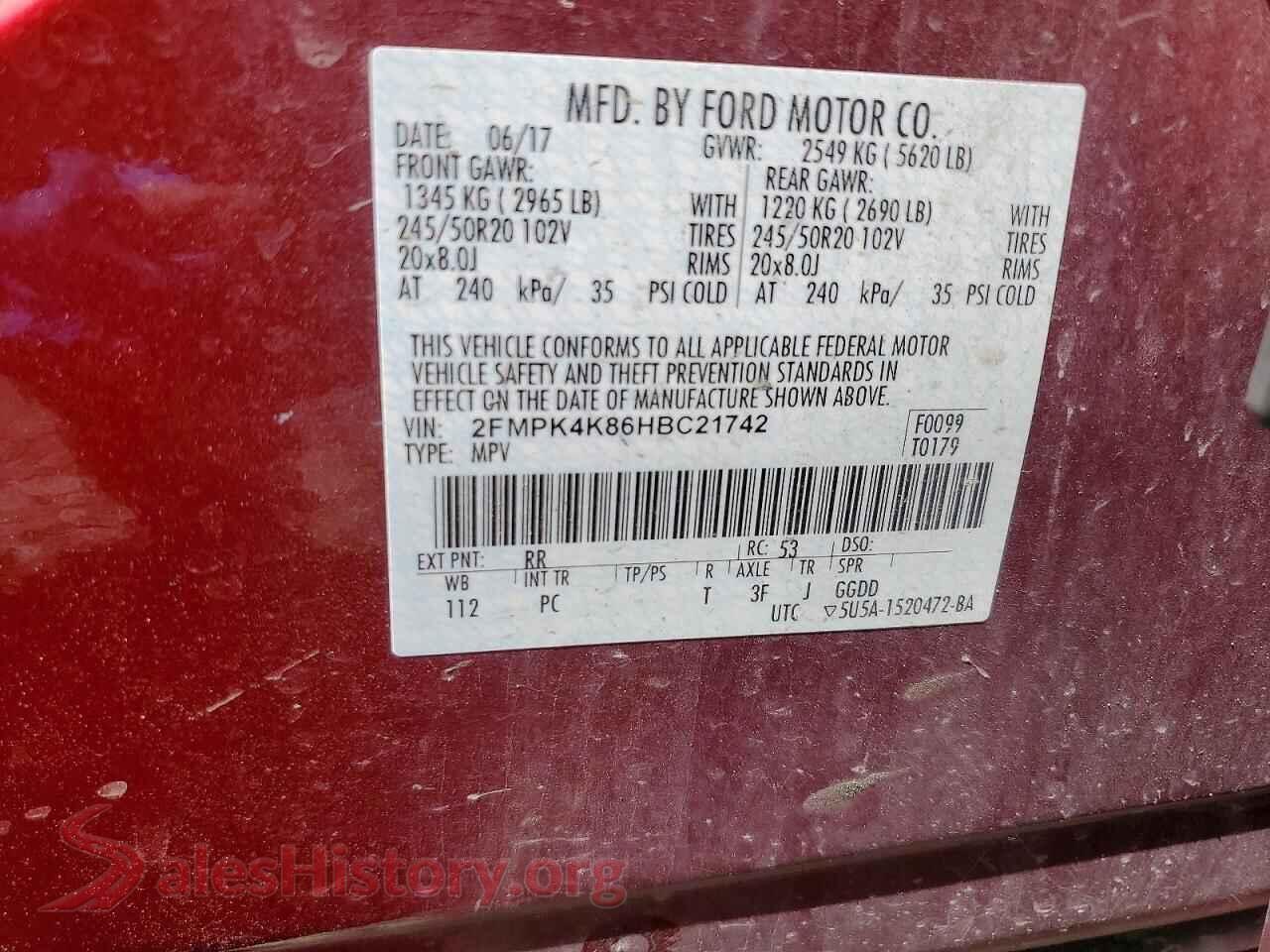 2017 FORD EDGE VIN 2FMPK4K86HBC21742, trunk area