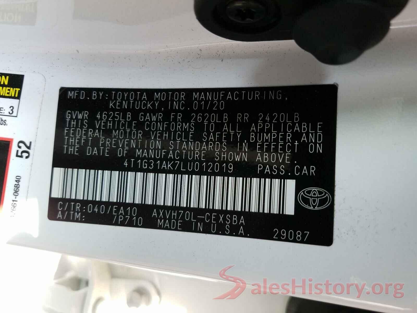 4T1G31AK7LU012019 2020 TOYOTA CAMRY