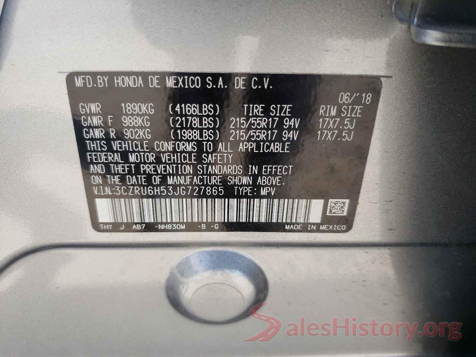 3CZRU6H53JG727865 2018 HONDA HR-V