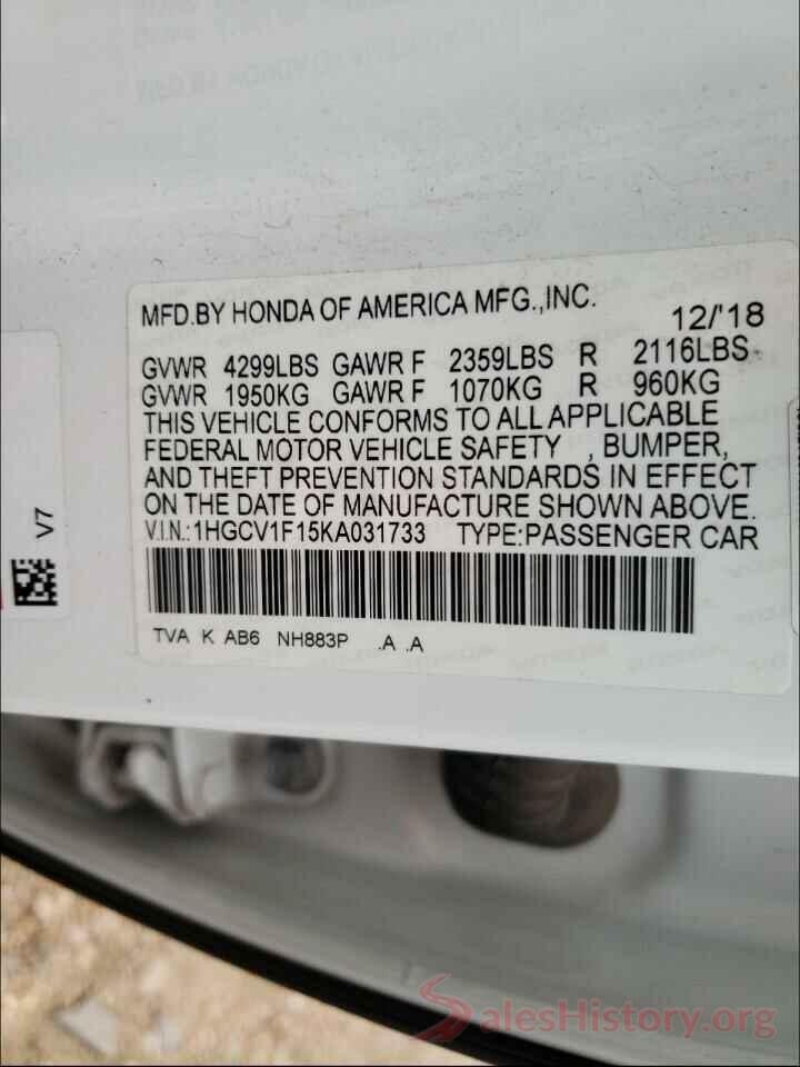 1HGCV1F15KA031733 2019 HONDA ACCORD