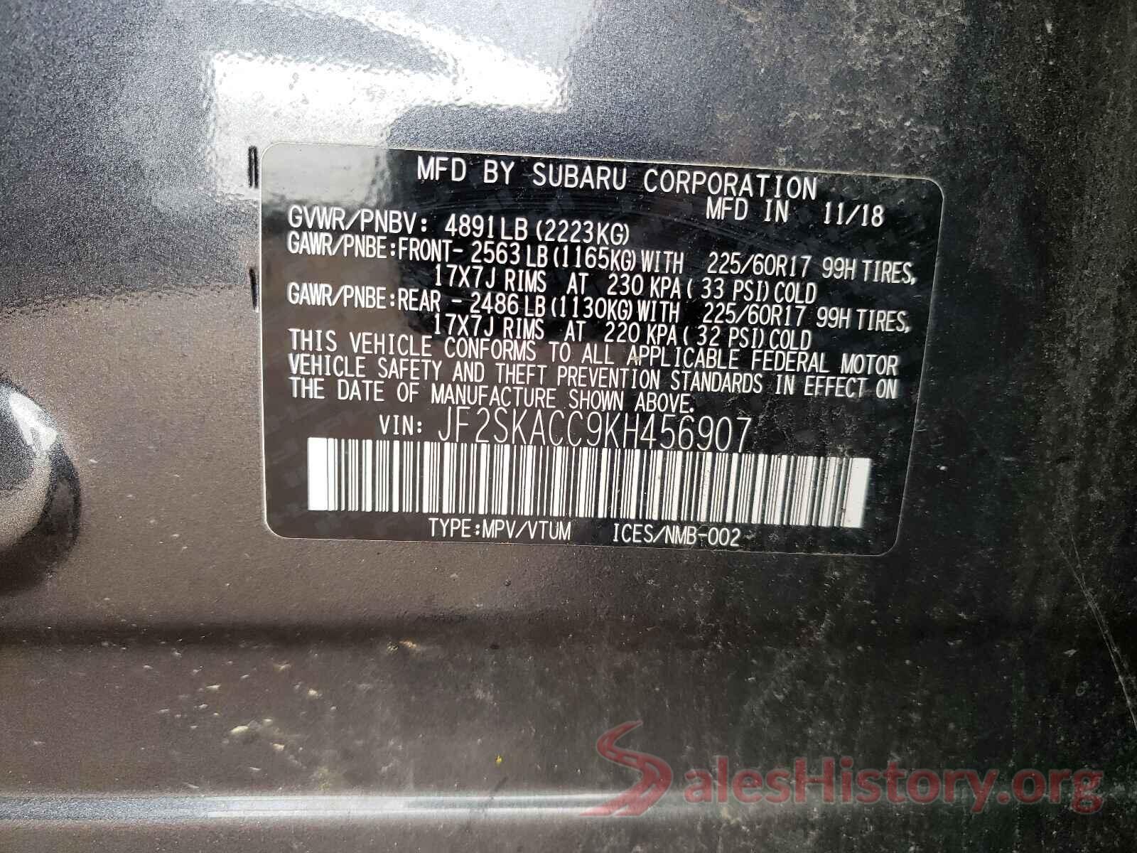 JF2SKACC9KH456907 2019 SUBARU FORESTER