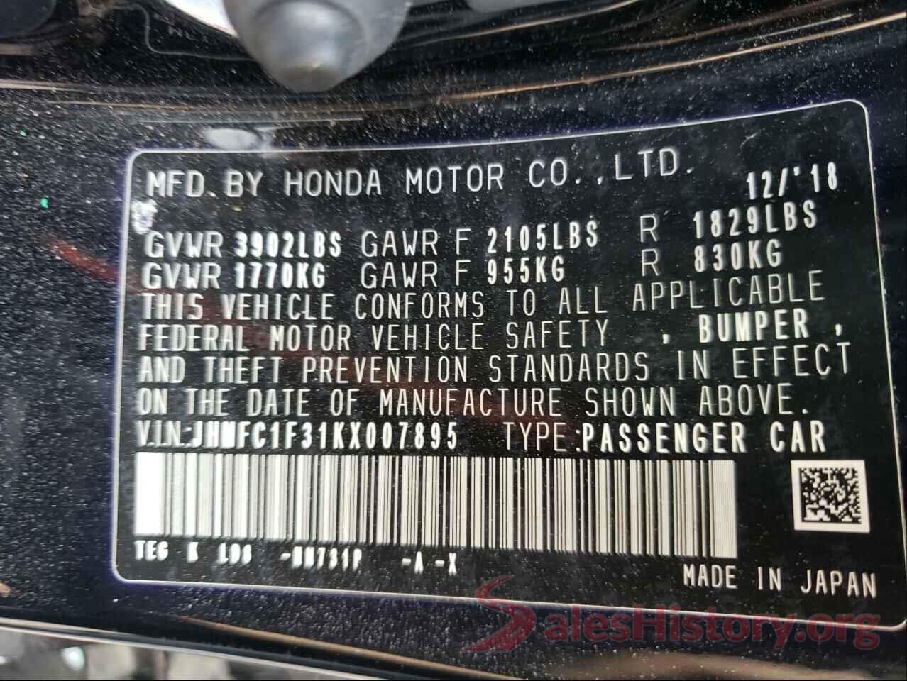 JHMFC1F31KX007895 2019 HONDA CIVIC