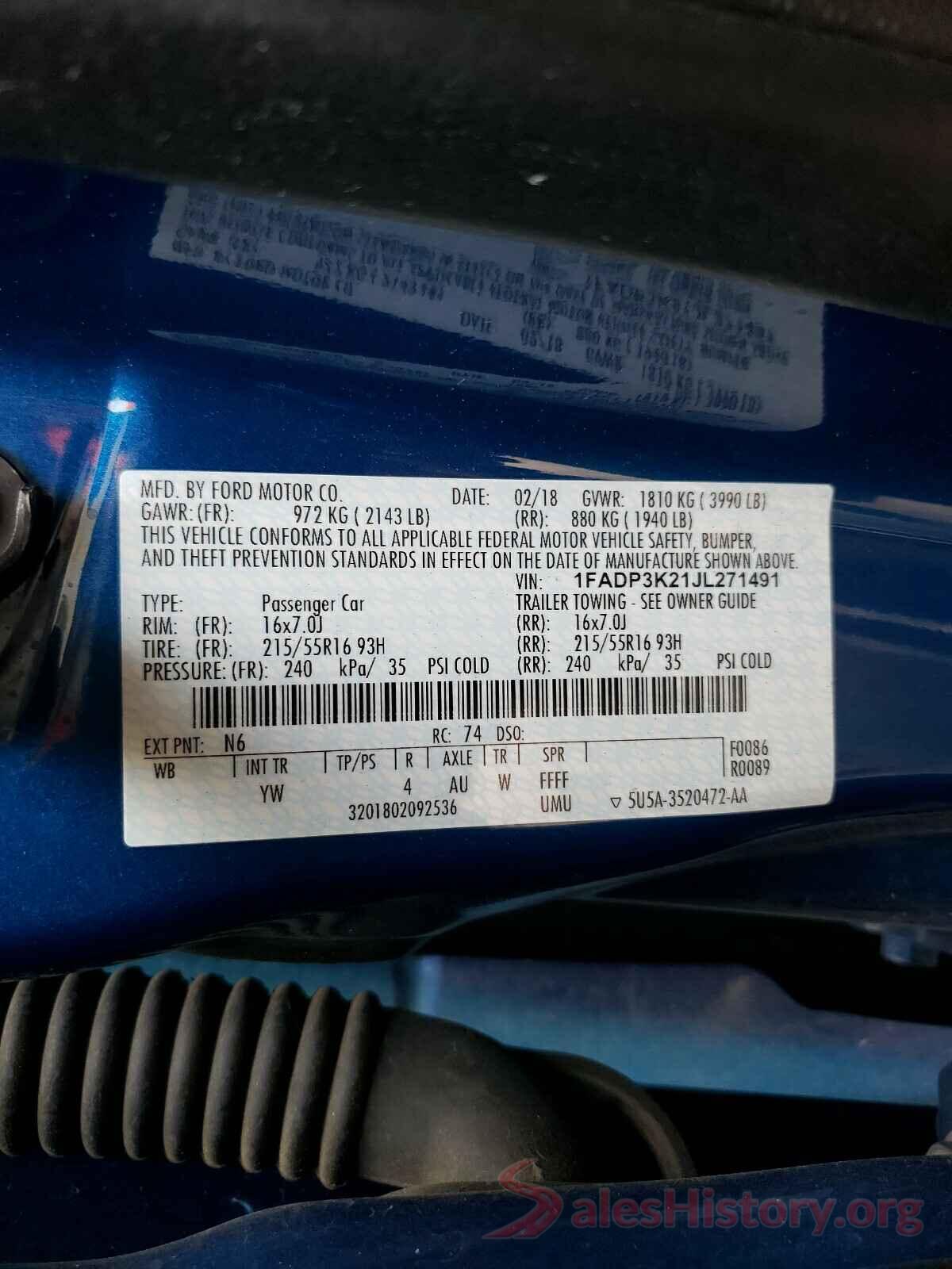 1FADP3K21JL271491 2018 FORD FOCUS