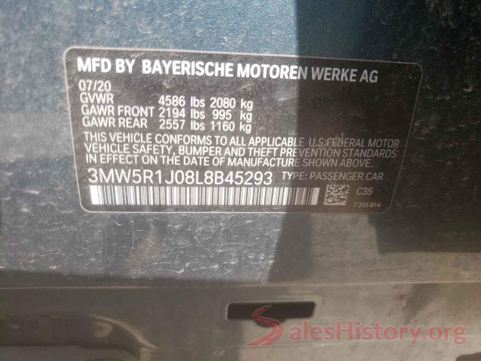 3MW5R1J08L8B45293 2020 BMW 3 SERIES