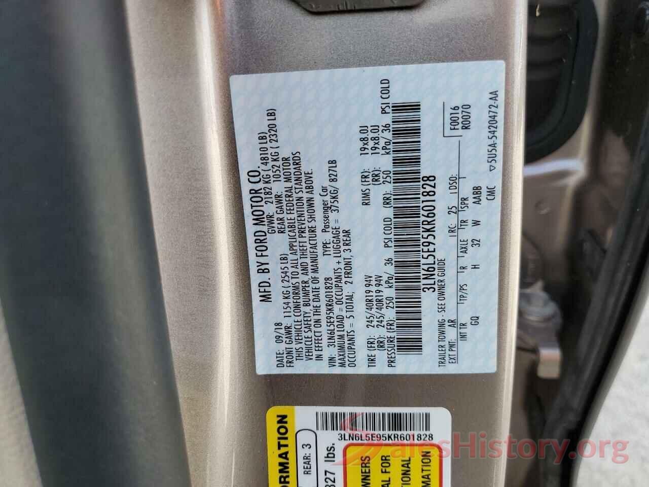 3LN6L5E95KR601828 2019 LINCOLN MKZ