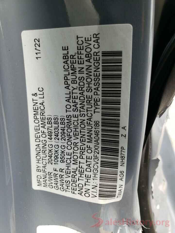 1HGCV3F2XNA046186 2022 HONDA ACCORD