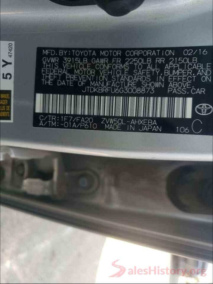 JTDKBRFU6G3008873 2016 TOYOTA PRIUS