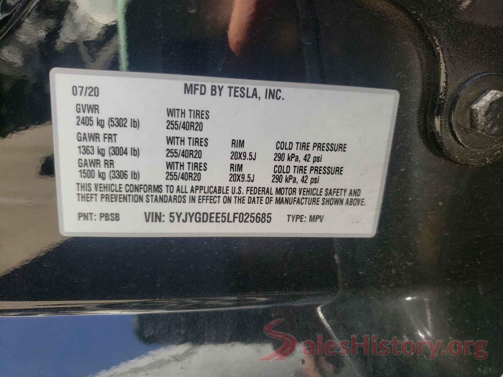 5YJYGDEE5LF025685 2020 TESLA MODEL Y