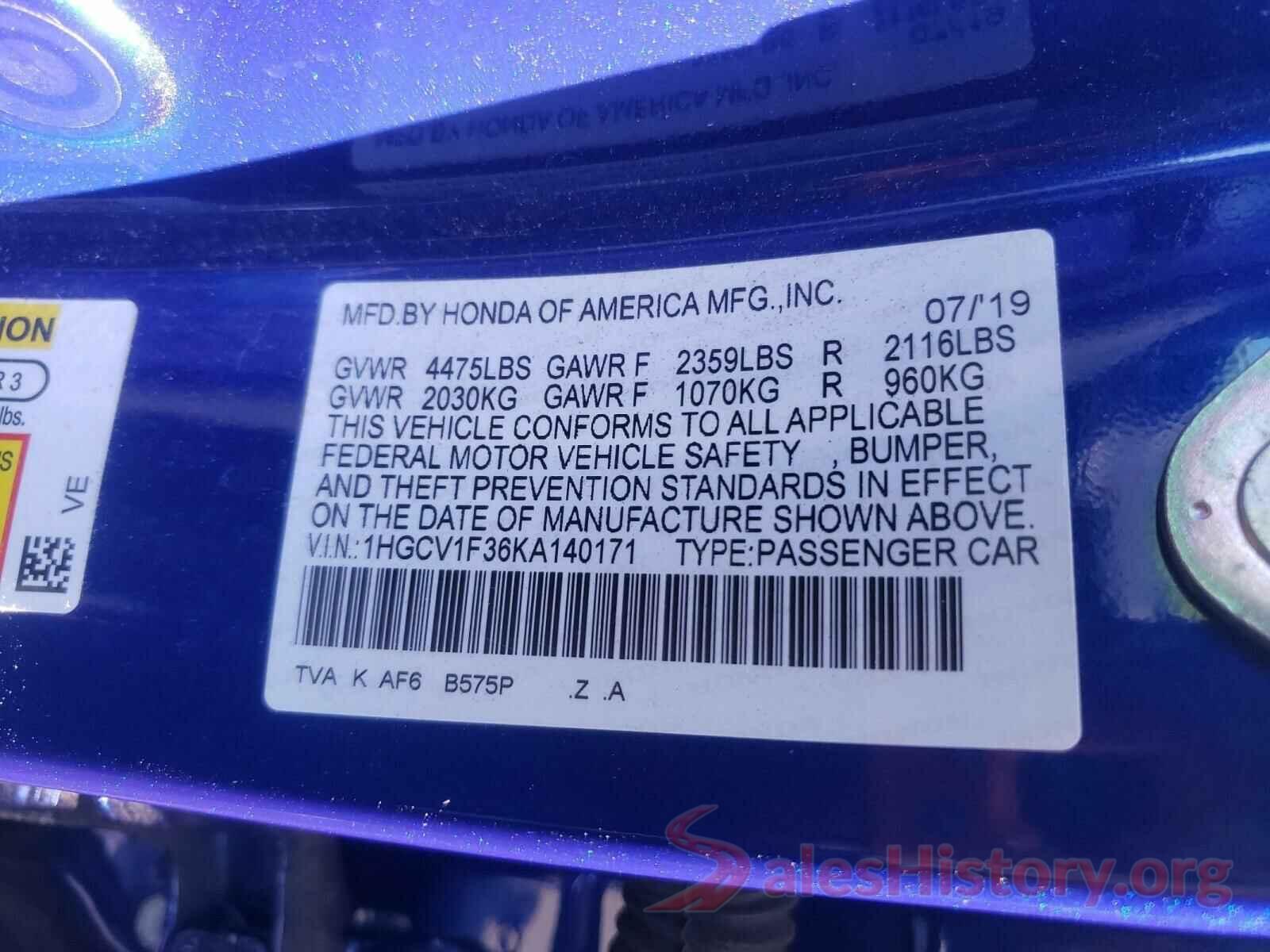 1HGCV1F36KA140171 2019 HONDA ACCORD