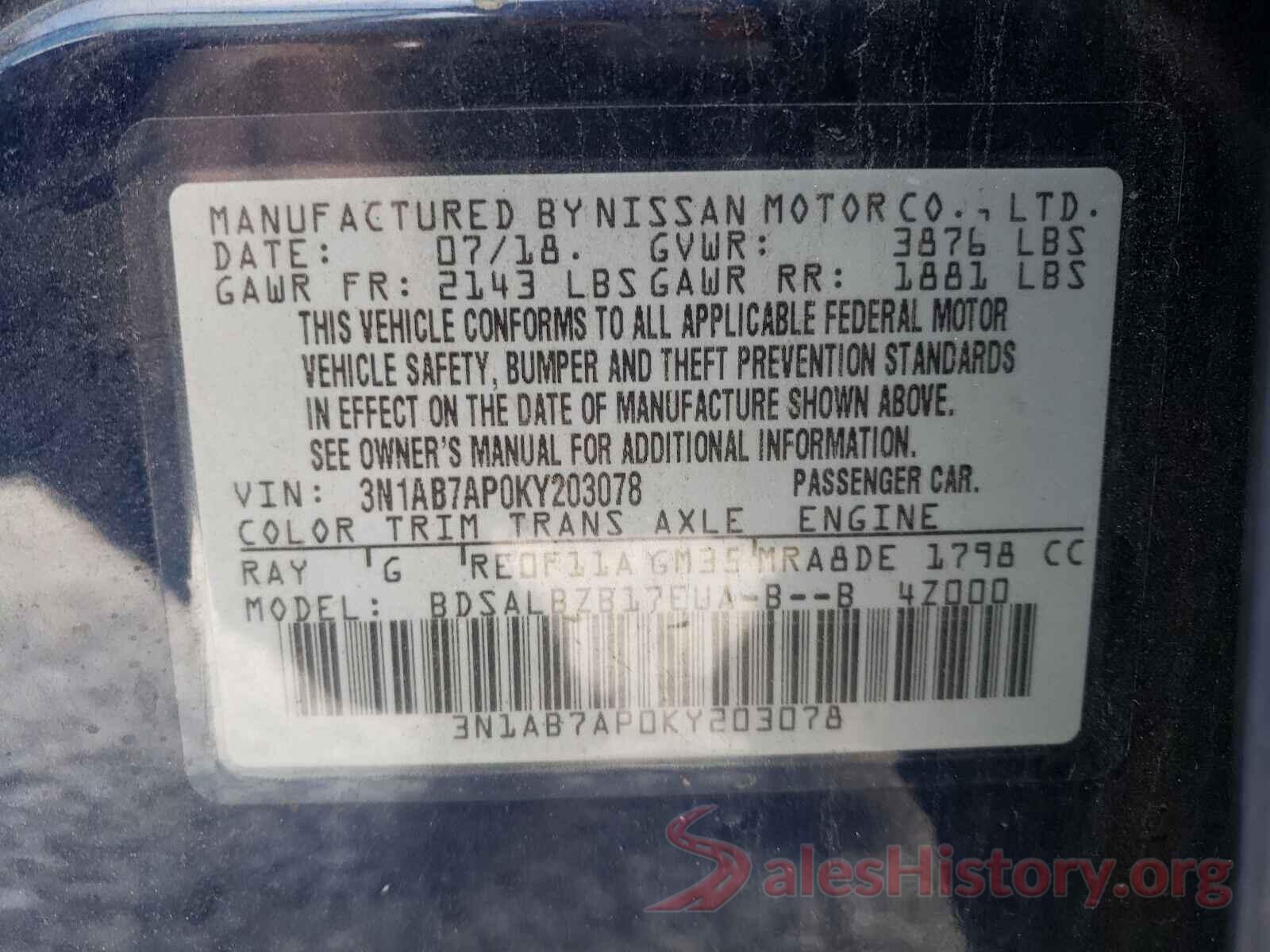 3N1AB7AP0KY203078 2019 NISSAN SENTRA